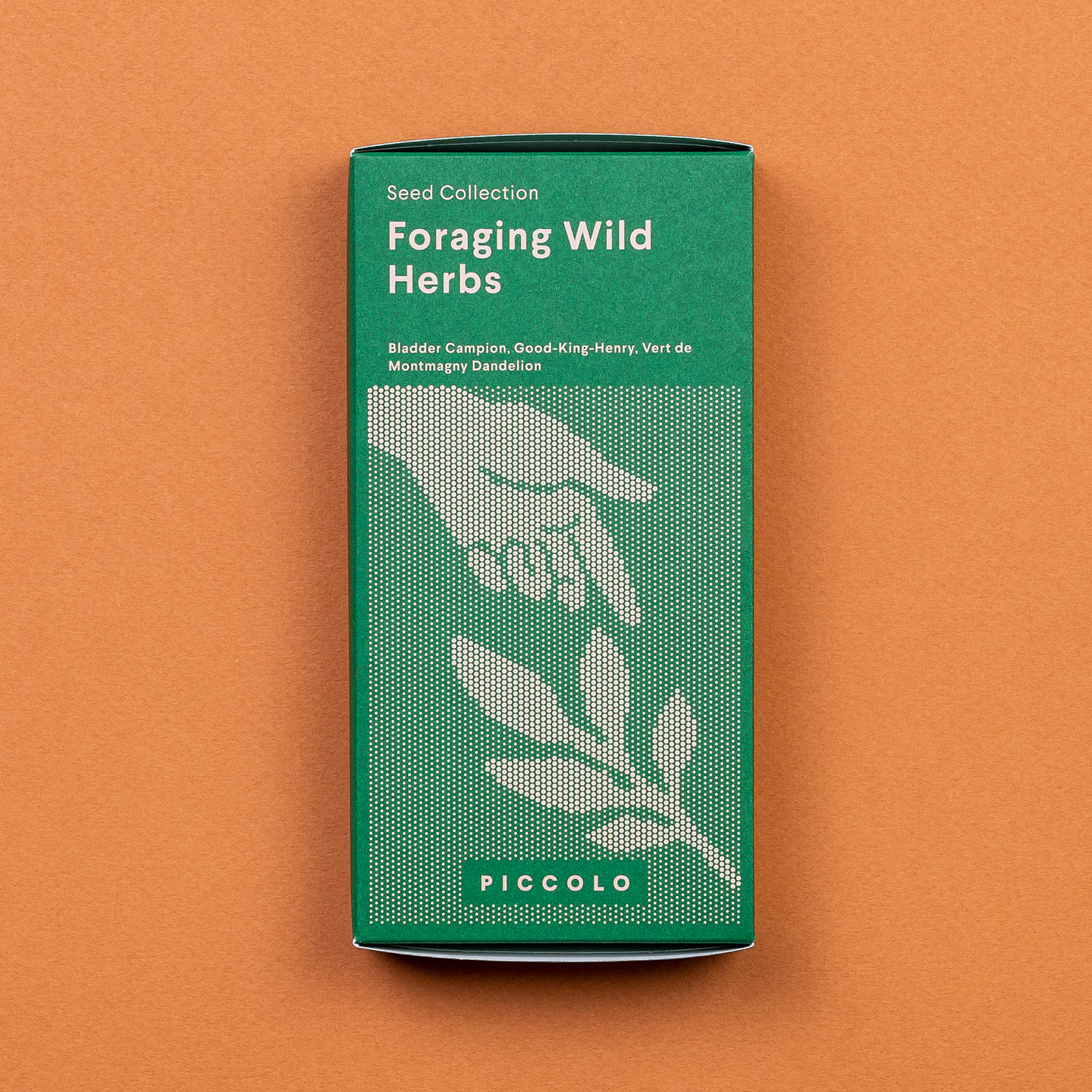 Ein grünes, rechteckiges Piccolo Seeds - Wildkräuter Kollektion "Foraging Wild Herbs" Paket von Piccolo Seeds ruht auf einer orangefarbenen Oberfläche, auf der eine Hand abgebildet ist, die nach einer Pflanze greift, und auf der Kräuter wie Blasen-Lichtnelke, Gut-King-Henry und Löwenzahn aufgeführt sind.