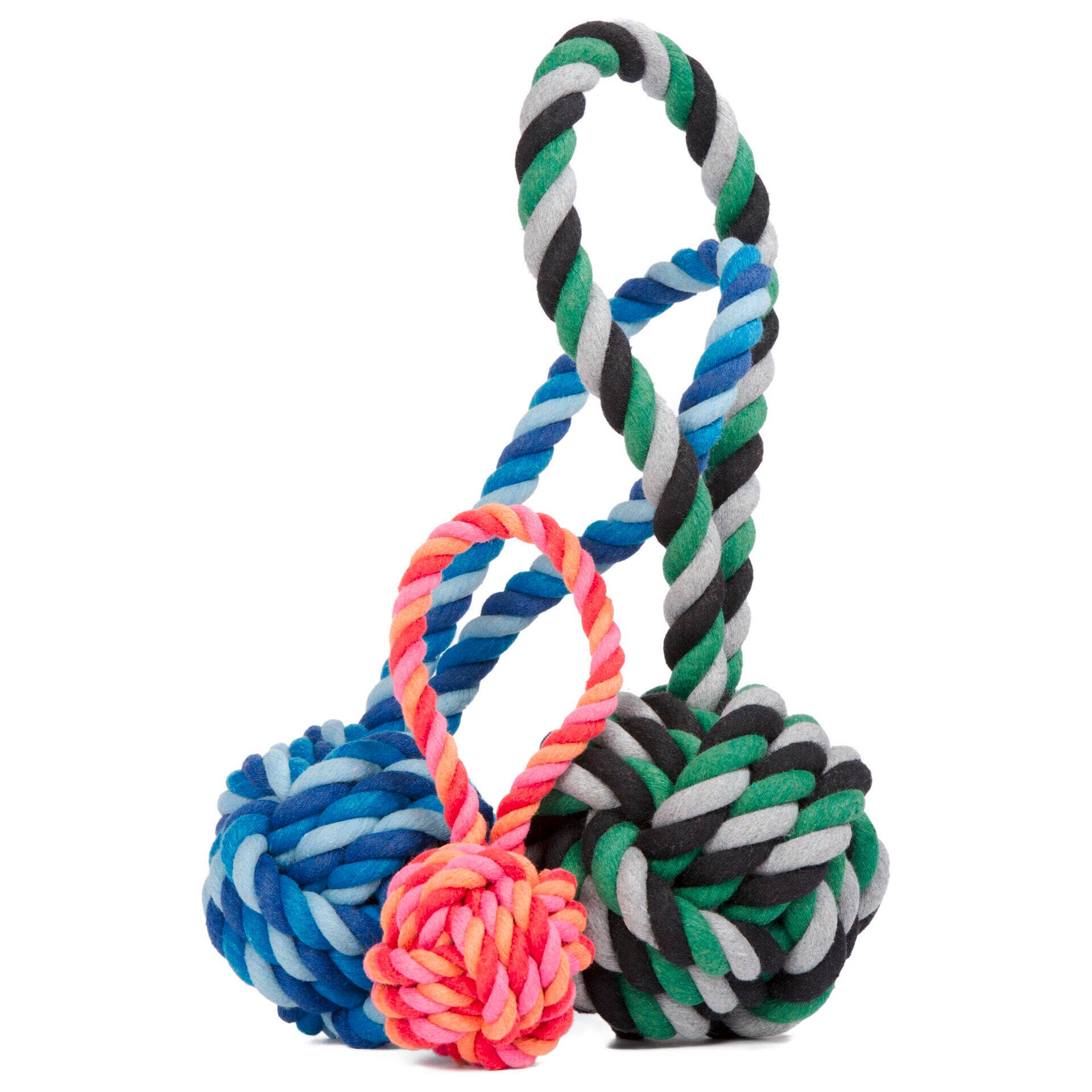 Zwei LABONI - Volentis GmbH Mini Schleuderball Hundespielzeuge mit großen Endkugeln, plus einer kleinen rosa-orangen Seilkugel vorne-perfekt für Zahnreinigung und langlebigen Spielspaß für Ihren Hund.