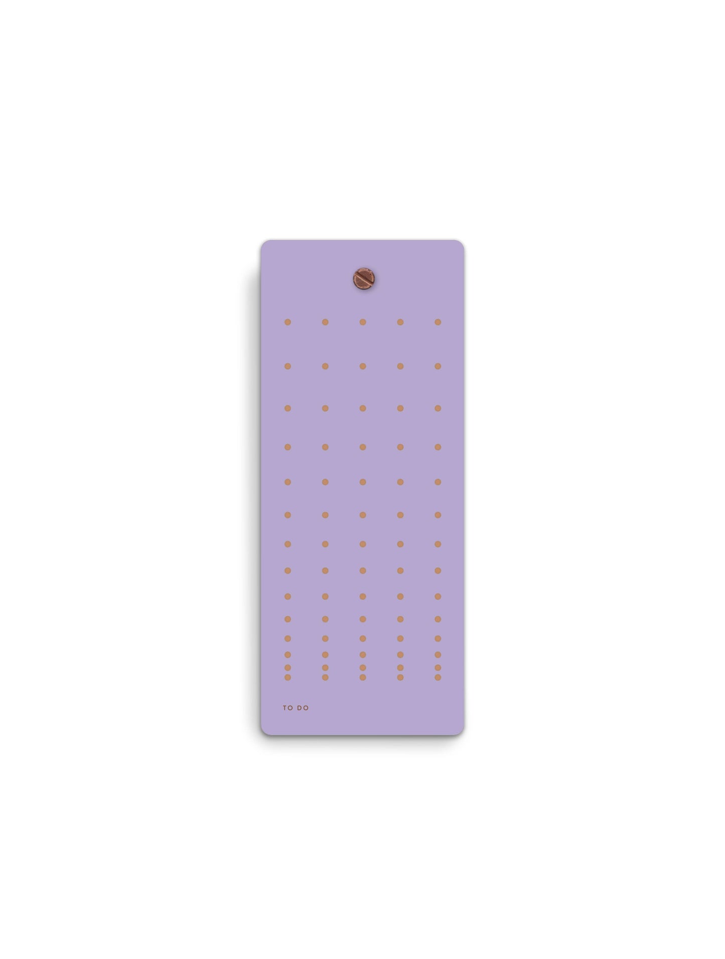 Die Tinne Mia - Aufgabenliste - Lavendel von Tinne Mia ist ein rechteckiger Notizblock aus FSC-Papier, nachhaltig produziert, mit kupferfarbenen Punkten, einer "TO DO"-Beschriftung unten, einer abgerundeten oberen Ecke und einem Metallkreis oben.