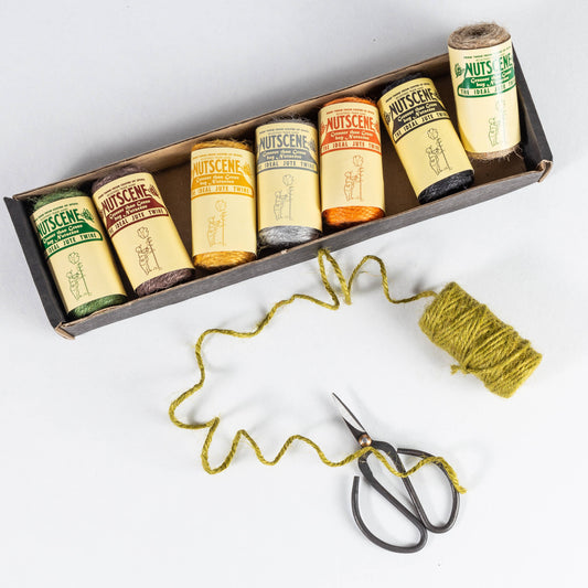 Eine Schachtel mit acht bunten Nutscene Twines Ltd Mini-Twines (je 42 Fuß) wird neben einer losen Spule und einer kleinen Metallschere auf einer weißen Oberfläche gezeigt – ein ideales Geschenkset für jeden Bastelliebhaber.