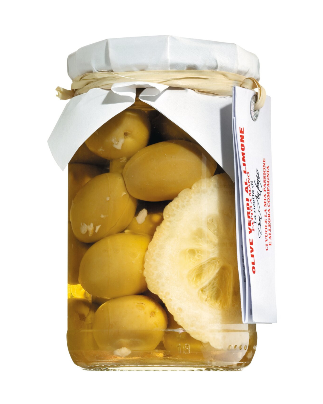 Ein Glas Don Antonio Grüne Oliven mit Zitrone aus den Abruzzen (280 g), versiegelt mit einem weißen Papierdeckel und einer Schnur - ideal für Antipasti-Platten.