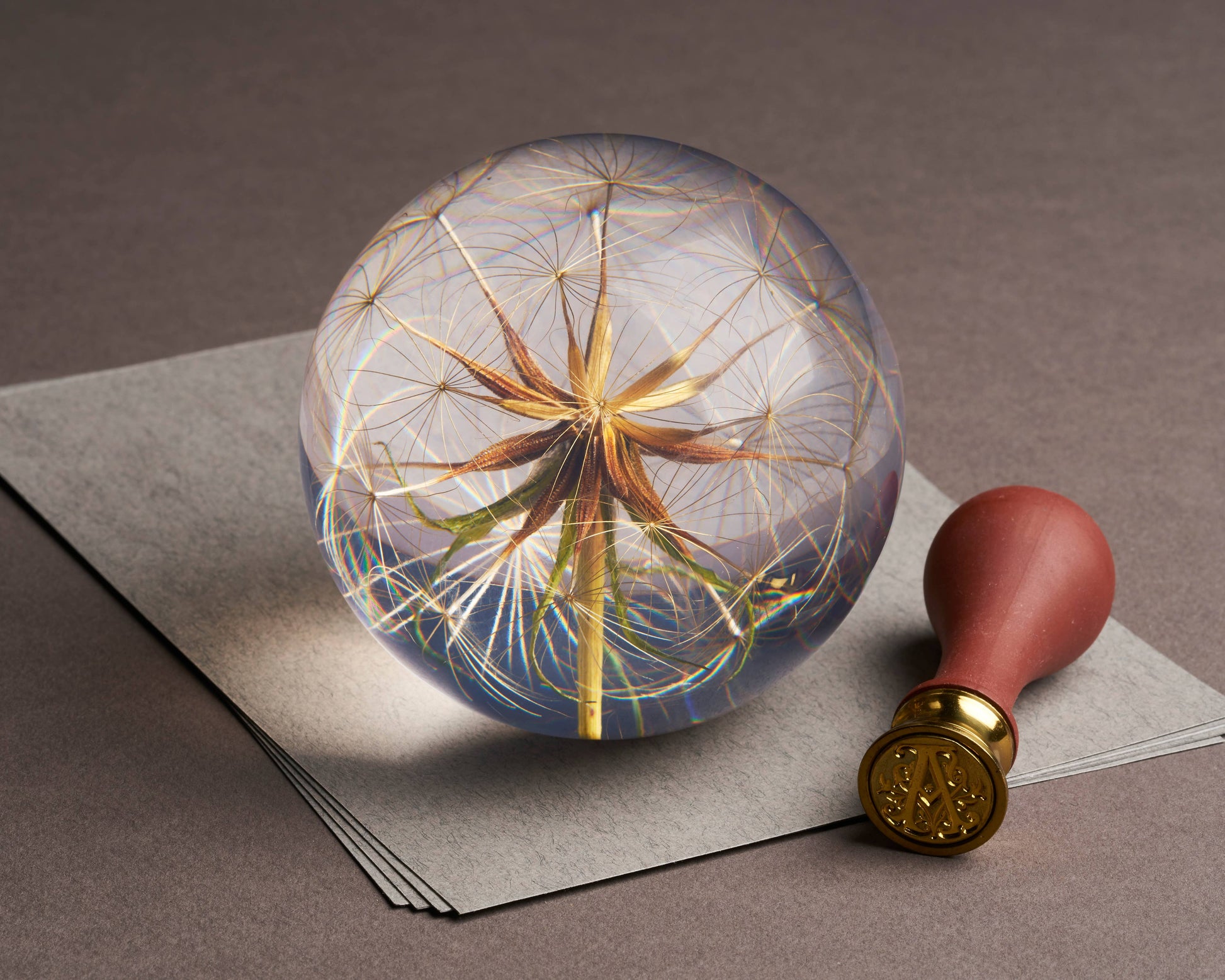 Der Hafod Grange Ltd Briefbeschwerer mit Ziegenbart, eine Glaskugel mit einem Kopf aus Löwenzahnsamen, ruht auf grauem Papier neben einem Wachssiegelstempel mit rotem Griff und goldenem Emblem auf einer taupefarbenen Oberfläche.