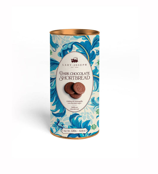 Lady Joseph - Butterkekse und Schokolade Dunkle Schoko-Shortbread kommt in einer zylindrischen 130g-Dose mit blauem Blumenmuster und einem ovalen Etikett mit zwei Keksen, hergestellt aus feinster Zartbitterschokolade.