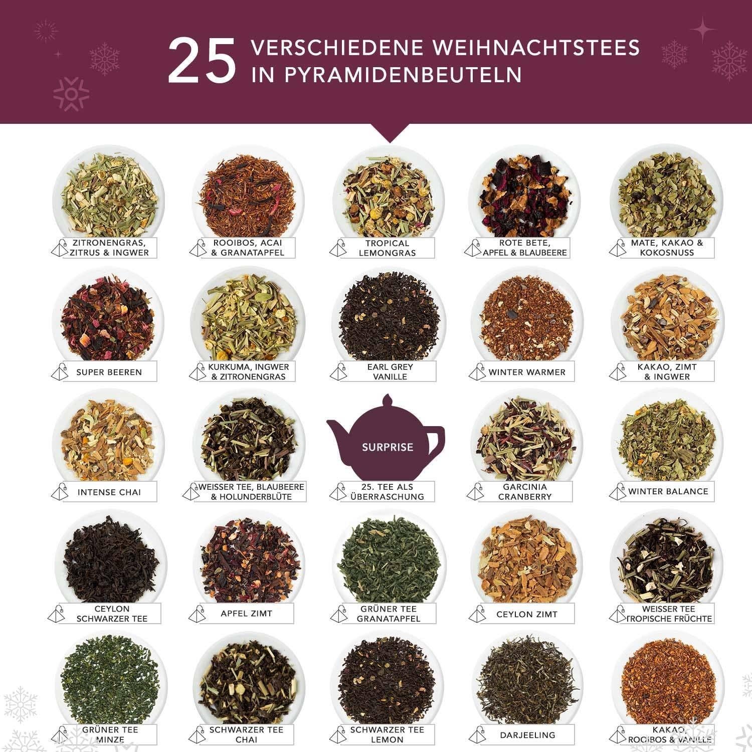 Der English Tea Shop BIO Tee Adventskalender "Christmas Vibes only" besteht aus 25 pyramidenförmigen Teebeuteln in einem Rasterdisplay mit dem deutschen Namen des jeweiligen Tees und bietet Bio-Mischungen, Früchtetees, Klassiker und Kräutermischungen - ein festlicher Genuss!.