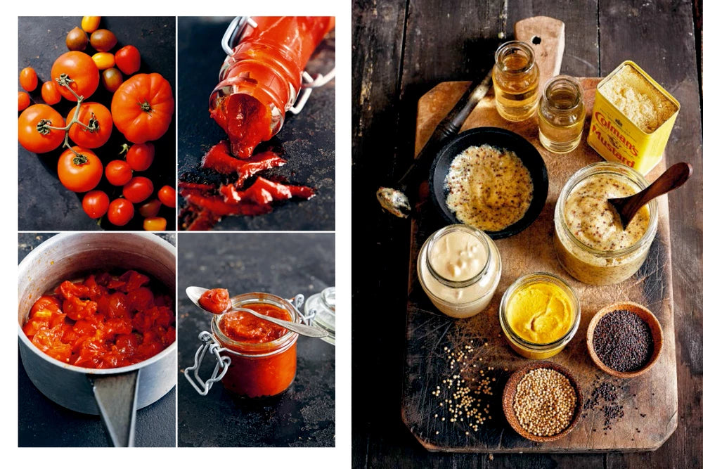 Eine Collage für die Speisekammer des Hölker Verlags zeigt links frische Tomaten, Tomatensoße und -mark, rechts Senf-, Gewürz- und Essiggläser - perfekt für alle, die gerne zu Hause kochen oder neue Rezepte suchen.