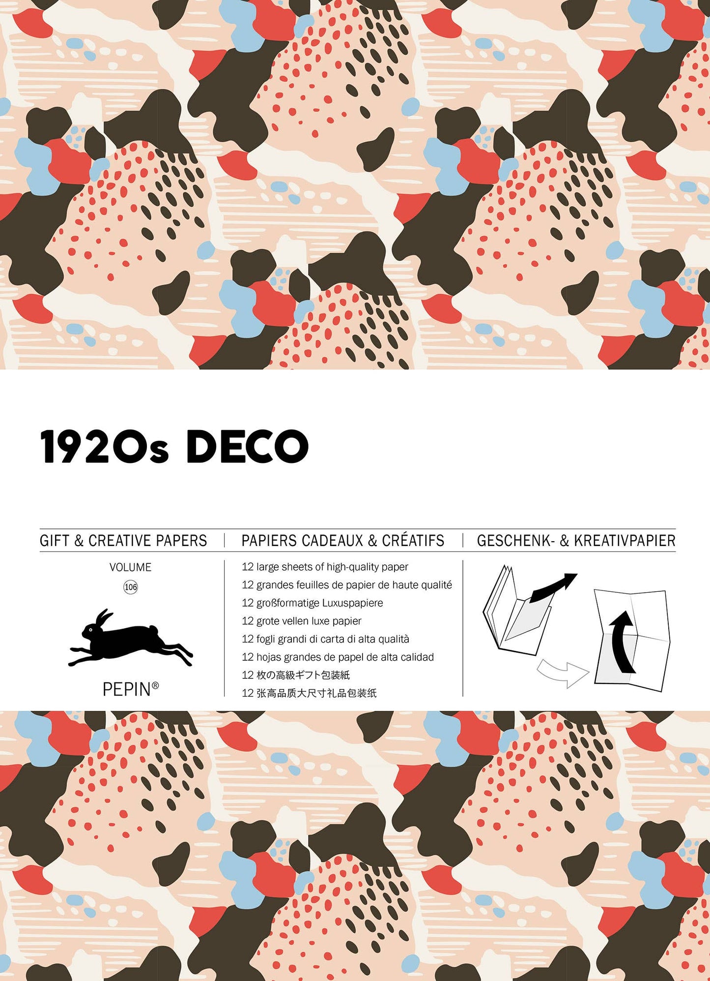 Pepin Press – Deko-Geschenk- und Kreativbuch aus den 1920er Jahren, Band 106 bietet hochwertiges Papier mit abstrakten Art-Déco-Designs der 1920er Jahre in Creme, Schwarz, Rot und Blau sowie mehrsprachige Informationen und Faltanweisungen.