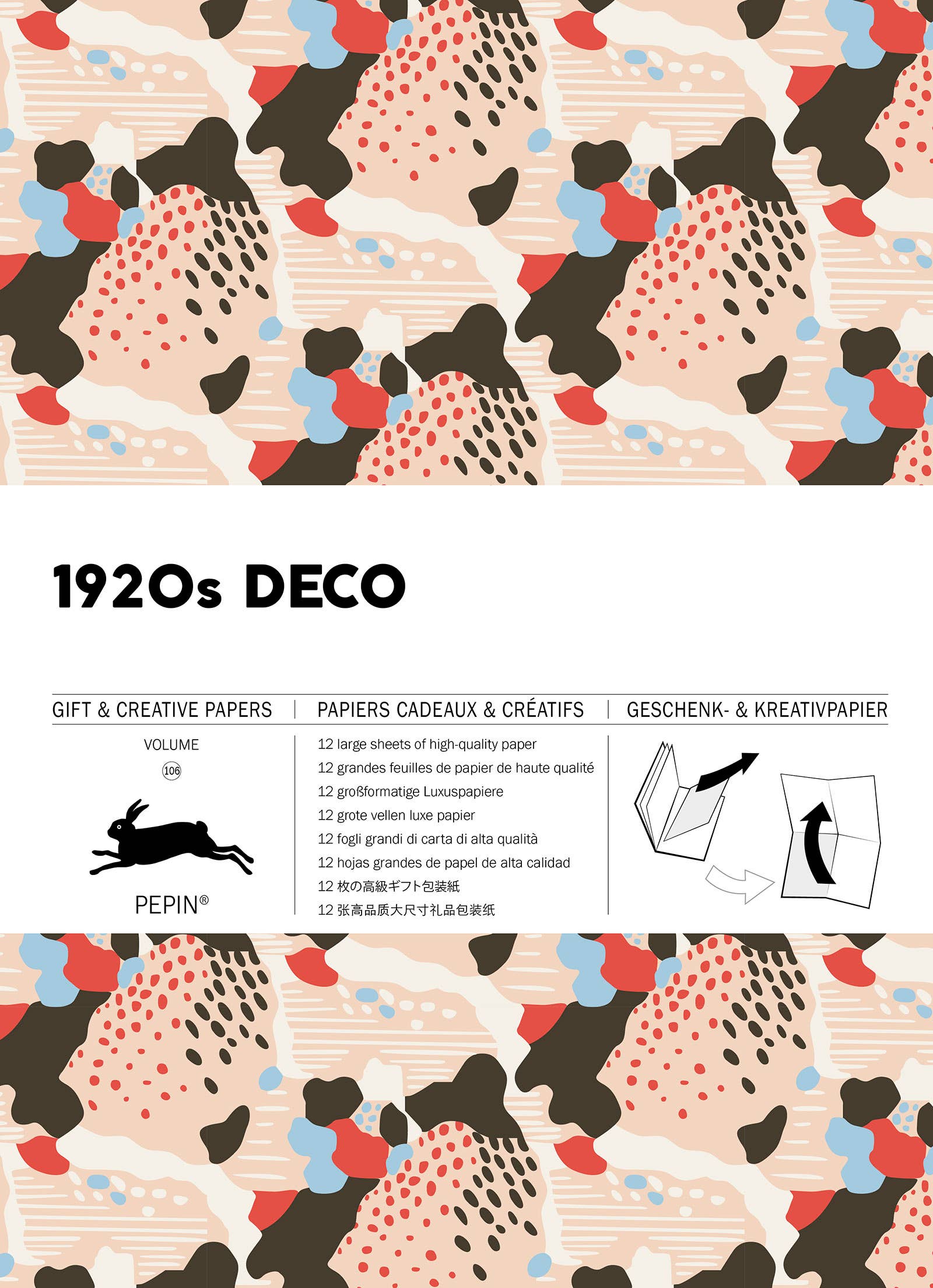Pepin Press – Deko-Geschenk- und Kreativbuch aus den 1920er Jahren, Band 106 bietet hochwertiges Papier mit abstrakten Art-Déco-Designs der 1920er Jahre in Creme, Schwarz, Rot und Blau sowie mehrsprachige Informationen und Faltanweisungen.
