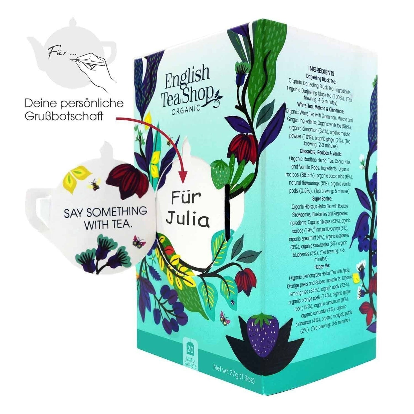 Eine farbenfrohe Geschenkbox von English Tea Shop – You are Amazing Kollektion BIO, mit floralem Design, 20 Beutel in 5 Bio-Teesorten. Das Etikett zeigt eine Teekanne, die Aufschrift „Für Julia“ und „Sag etwas mit Tee“ und bietet Platz für Ihre Nachricht.