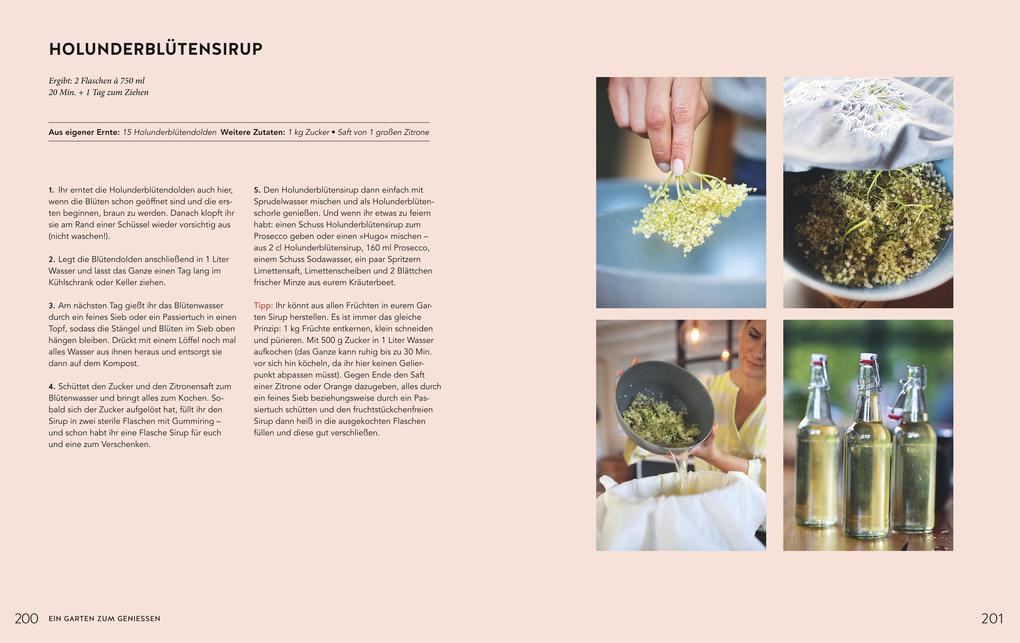 Eine Homefarming-Rezeptseite des Gräfe & Unzer Verlags bietet eine Schritt-für-Schritt-Anleitung für Holunderblütensirup, Zutaten und vier Fotos: Zitronenschalen, Sirup einfüllen, ein Glas mit Zitrone und Flaschen mit dem fertigen Getränk.