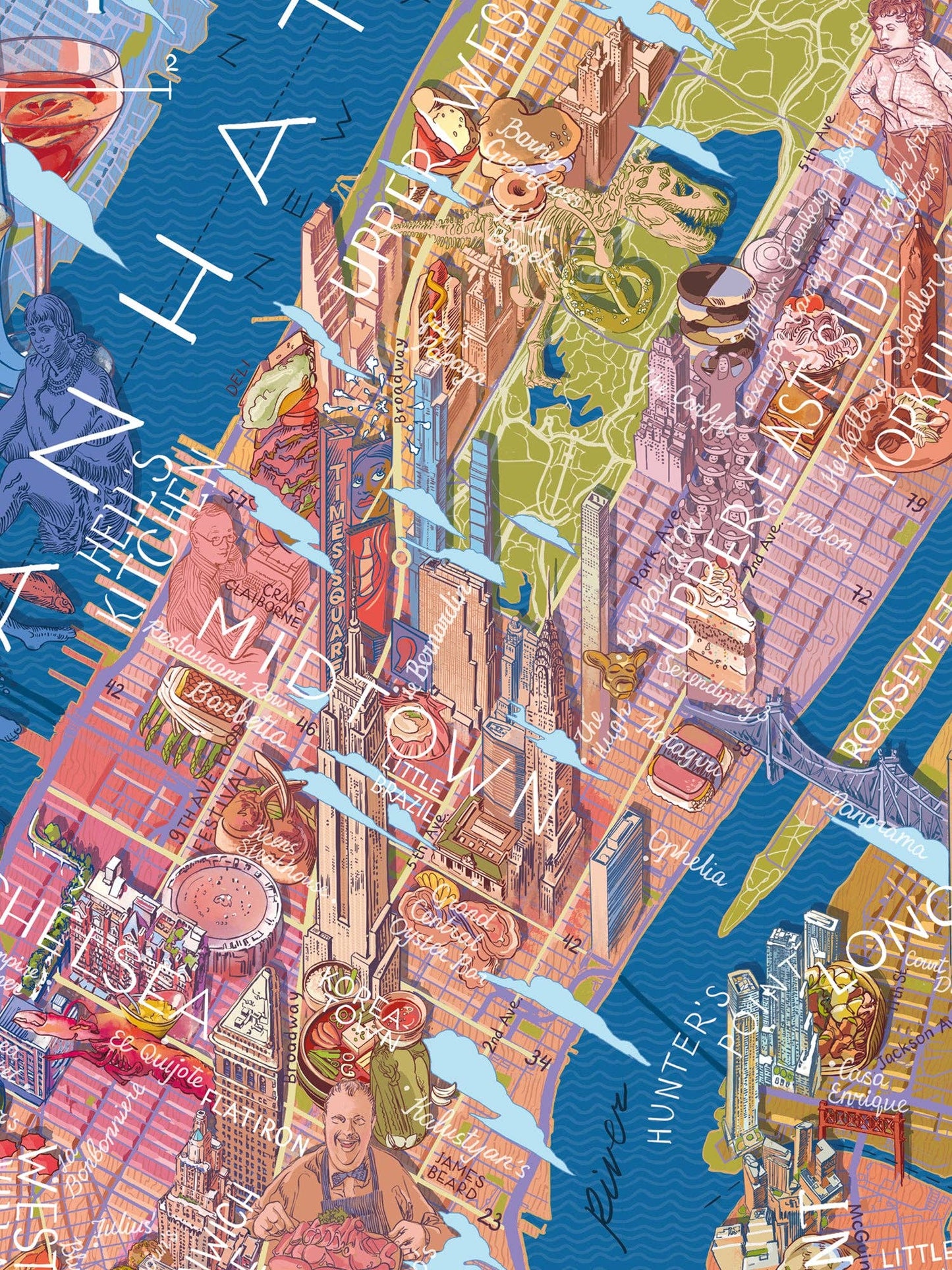 Entdecken Sie das Water & Wines - Gourmet-Puzzle - New York: ein farbenfrohes, illustriertes Kartenpuzzle von NYCs Stadtteilen, Wahrzeichen und berühmten Speisen vor einem blauen Flusshintergrund. Berühmte Orte und wichtige Bereiche sind klar beschriftet.