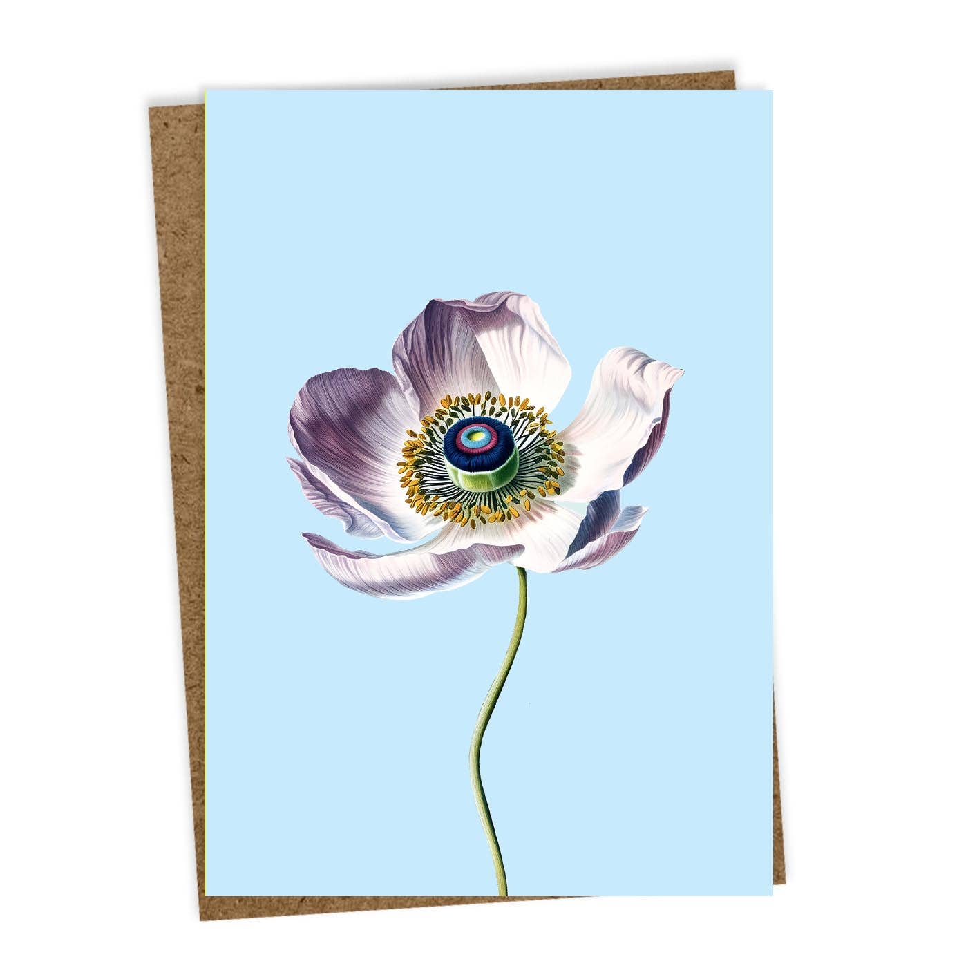 Die 30x40 - Anemone Leporello Grußkarte zeigt eine zartlila Mohnblume mit Auge auf hellblauem Grund, besteht aus hochwertigem Recyclingpapier und kommt mit braunem Umschlag. Gedruckt in Deutschland von 30x40.