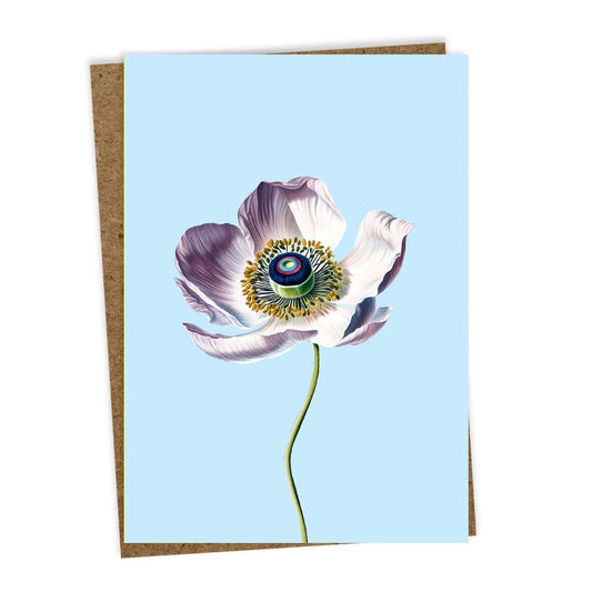 Die 30x40 - Anemone Leporello Grußkarte zeigt eine zartlila Mohnblume mit Auge auf hellblauem Grund, besteht aus hochwertigem Recyclingpapier und kommt mit braunem Umschlag. Gedruckt in Deutschland von 30x40.