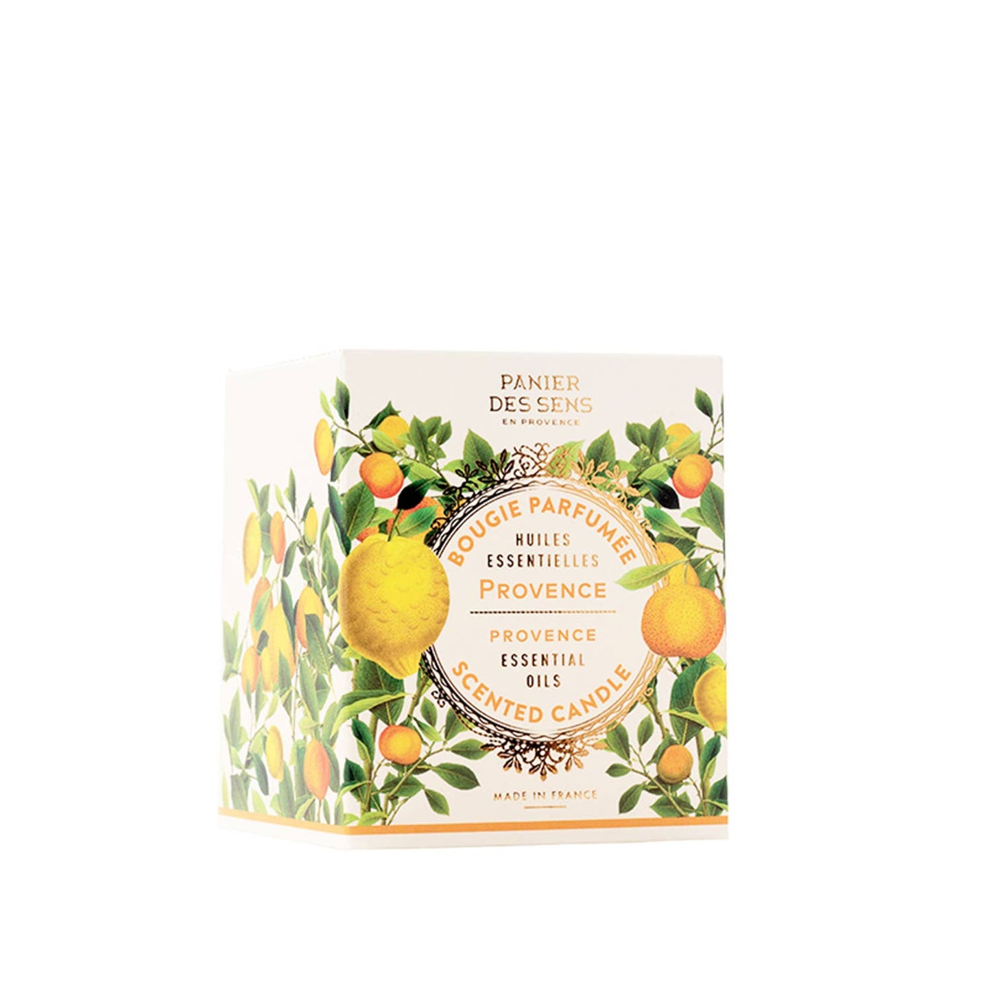 Die 180g Panier Des Sens Duftkerze | Provence besteht aus einer weißen Schachtel mit französischem und englischem Text, Zitrone und grünen Blattillustrationen und hebt ätherische Öle für einen frischen Duft hervor.
