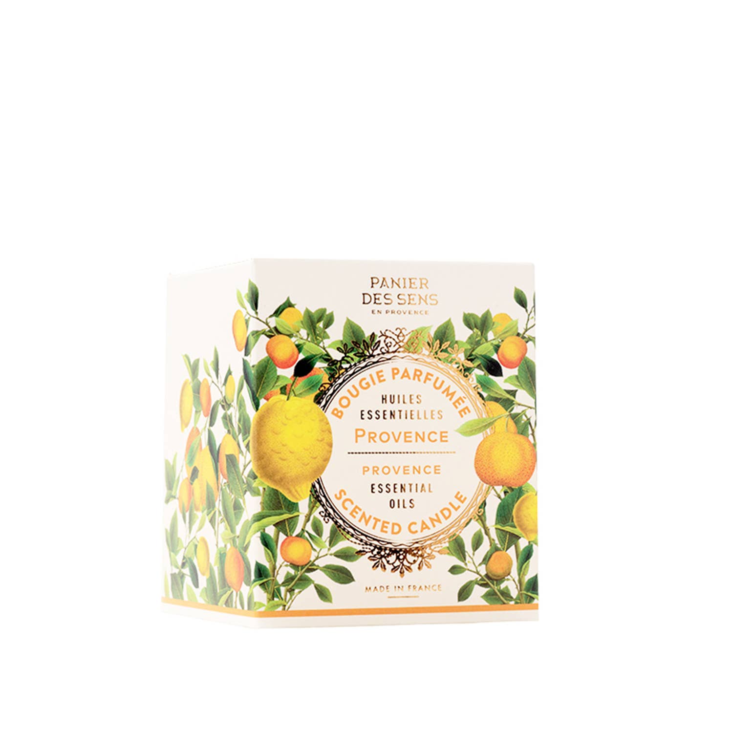 Die 180g Panier Des Sens Duftkerze | Provence besteht aus einer weißen Schachtel mit französischem und englischem Text, Zitrone und grünen Blattillustrationen und hebt ätherische Öle für einen frischen Duft hervor.