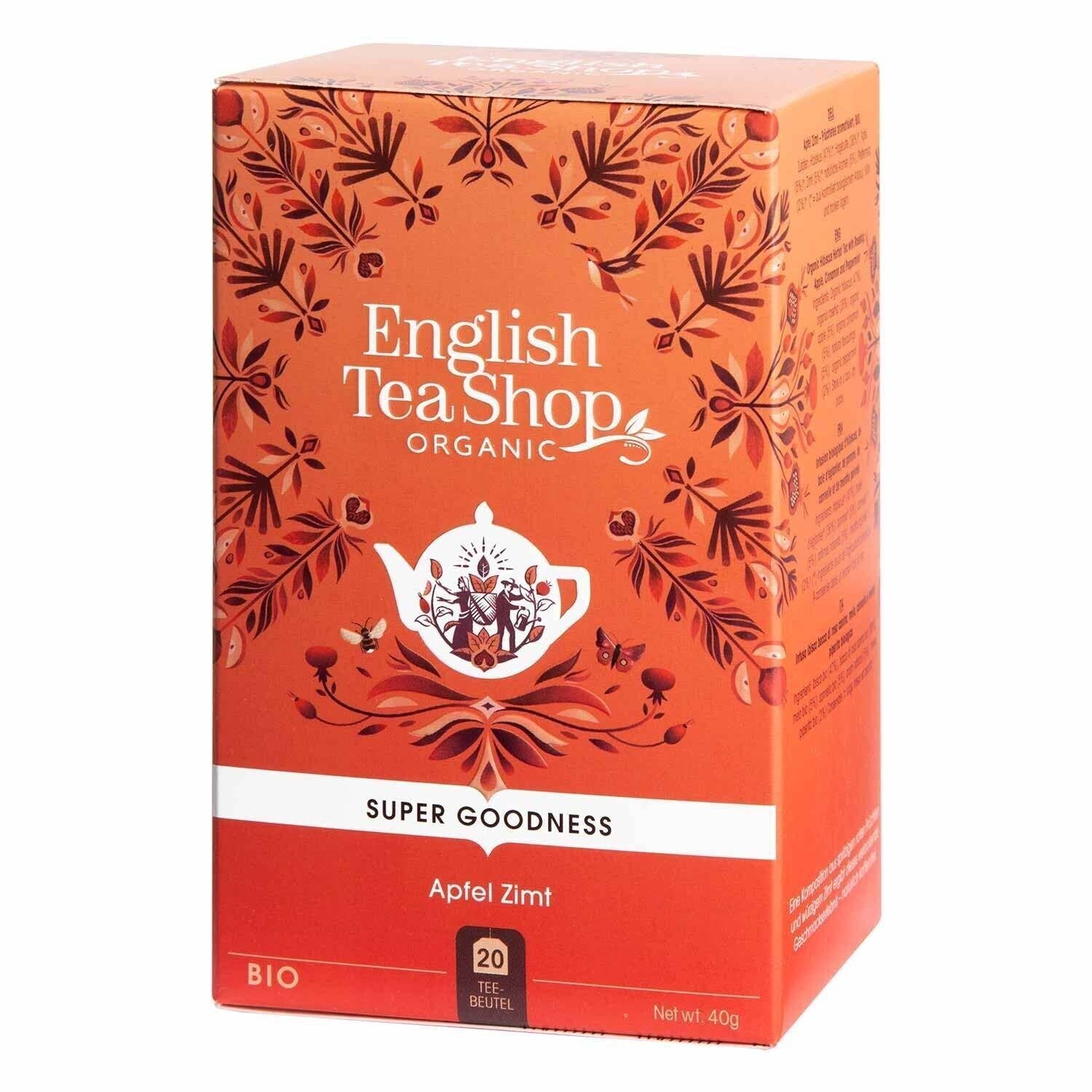 Genießen Sie eine Schachtel Apfel Zimt BIO von English Tea Shop mit 20 Teebeuteln, rot-orangefarbenem Blumenmuster, Teekannenabbildung, deutscher Verpackung und dem warmen Aroma von würzigem Zimt.