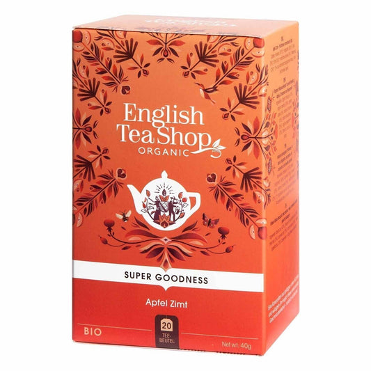 Genießen Sie eine Schachtel Apfel Zimt BIO von English Tea Shop mit 20 Teebeuteln, rot-orangefarbenem Blumenmuster, Teekannenabbildung, deutscher Verpackung und dem warmen Aroma von würzigem Zimt.