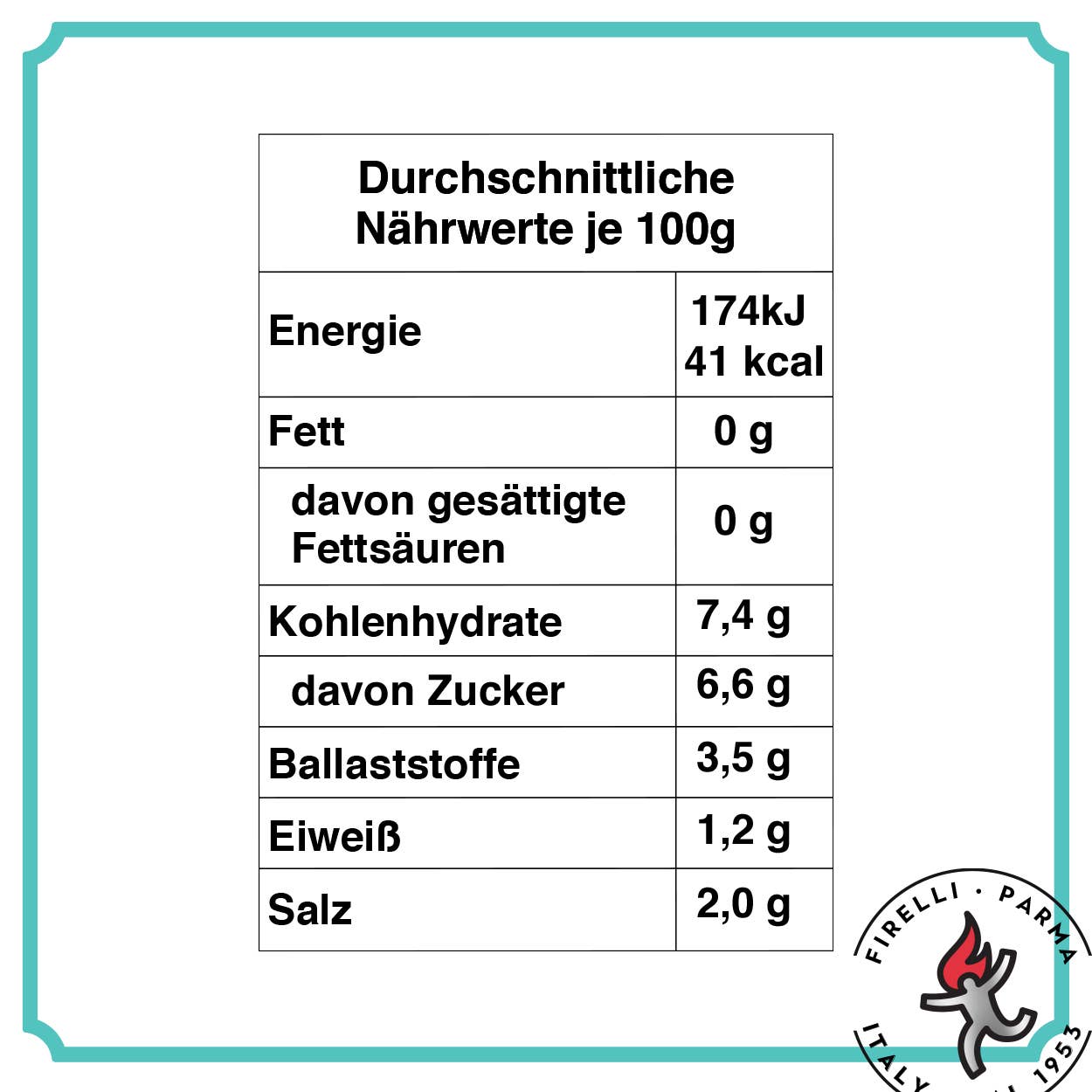 Eine 100-g-Portion Firelli - Casa Firelli italienische scharfe Soße enthält 174 kJ/41 kcal Energie, 0 g Fett, 7,4 g Kohlenhydrate (6,6 g Zucker), kalabrische Chilischoten, 3,5 g Ballaststoffe, 1,2 g Protein und 2,0 g Salz. Marke: Firelli.
