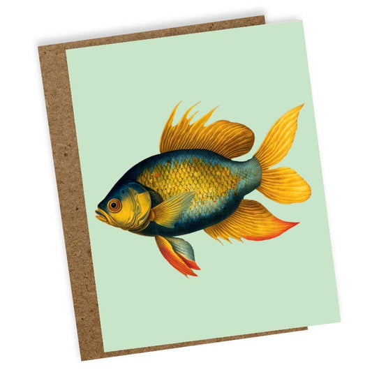 Die 30x40 Goldfisch-Minikarte zeigt einen bunten Fisch auf grünem Grund, ist lokal gedruckt, blanko und kommt mit braunem Recyclingumschlag.