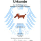 Eine deutsche Urkunde dokumentiert die Designregistrierung des Diego Dackel von LABONI, einem handgehäkelten roten Dackel in Baumwolle, mit einem großen grauen Adler-Emblem sowie offiziellen Stempeln und Unterschriften der Volents GmbH am 4. Juli 2024.