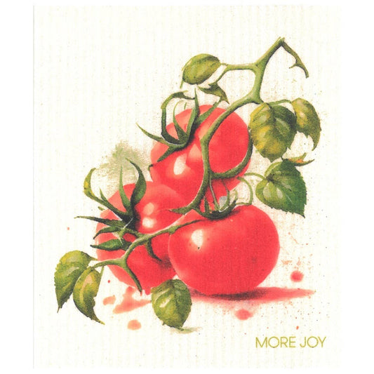 Das More Joy – Schwammtuch Tomaten zeigt eine Aquarellillustration von drei reifen roten Tomaten an der Rebe mit grünen Blättern und „MORE JOY“ in Gold – ein umweltfreundliches, biologisch abbaubares Geschirrtuch von More Joy.