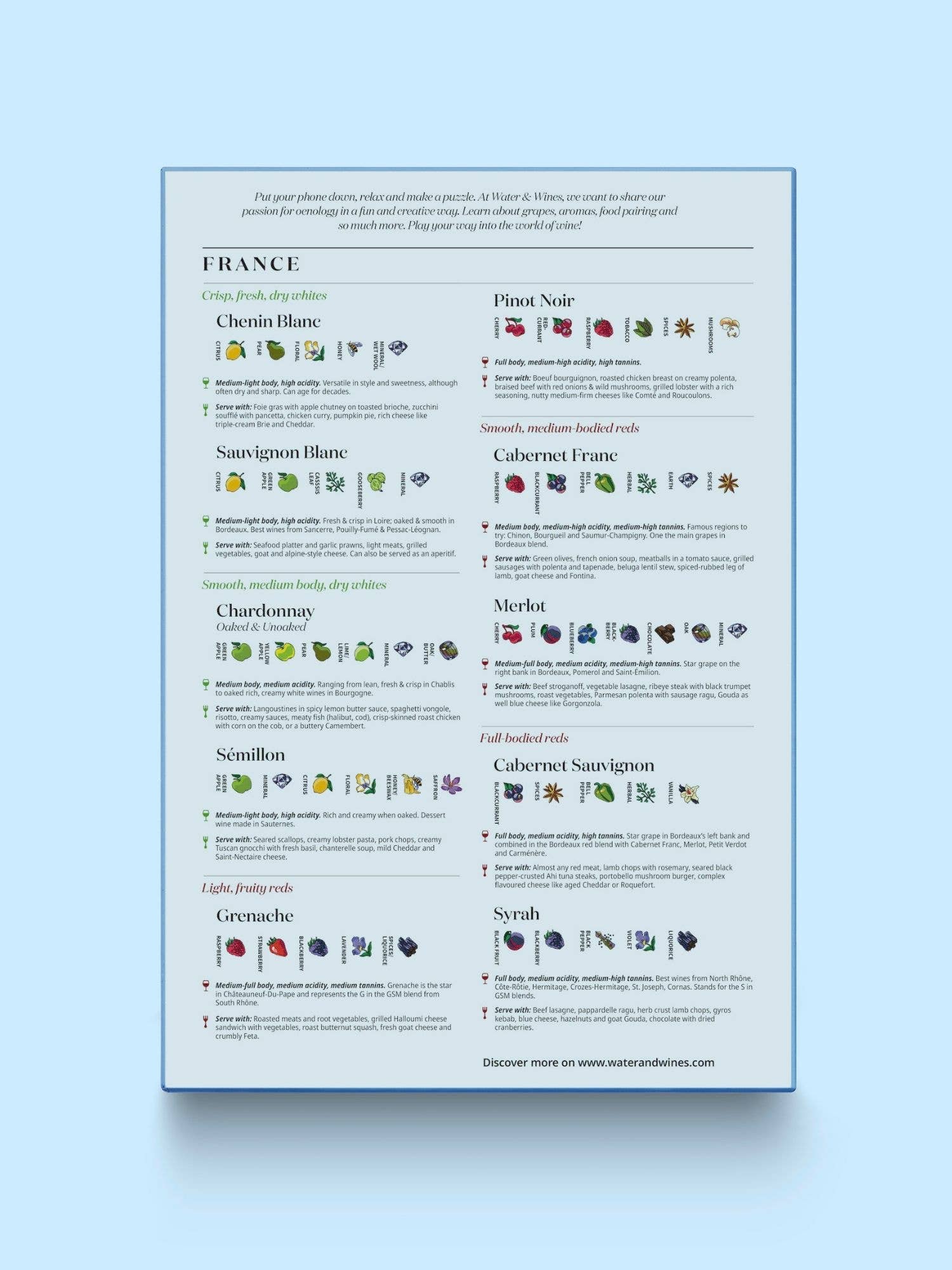 Erforschen Sie die französische Weinkultur mit dem Water & Wines - Wein Puzzle - Frankreich. Entdecken Sie Rebsorten wie Chemin Blanc, Sauvignon Blanc und Chardonnay, mit Geschmackssymbolen und Verkostungsnotizen aus den besten französischen Weinregionen.