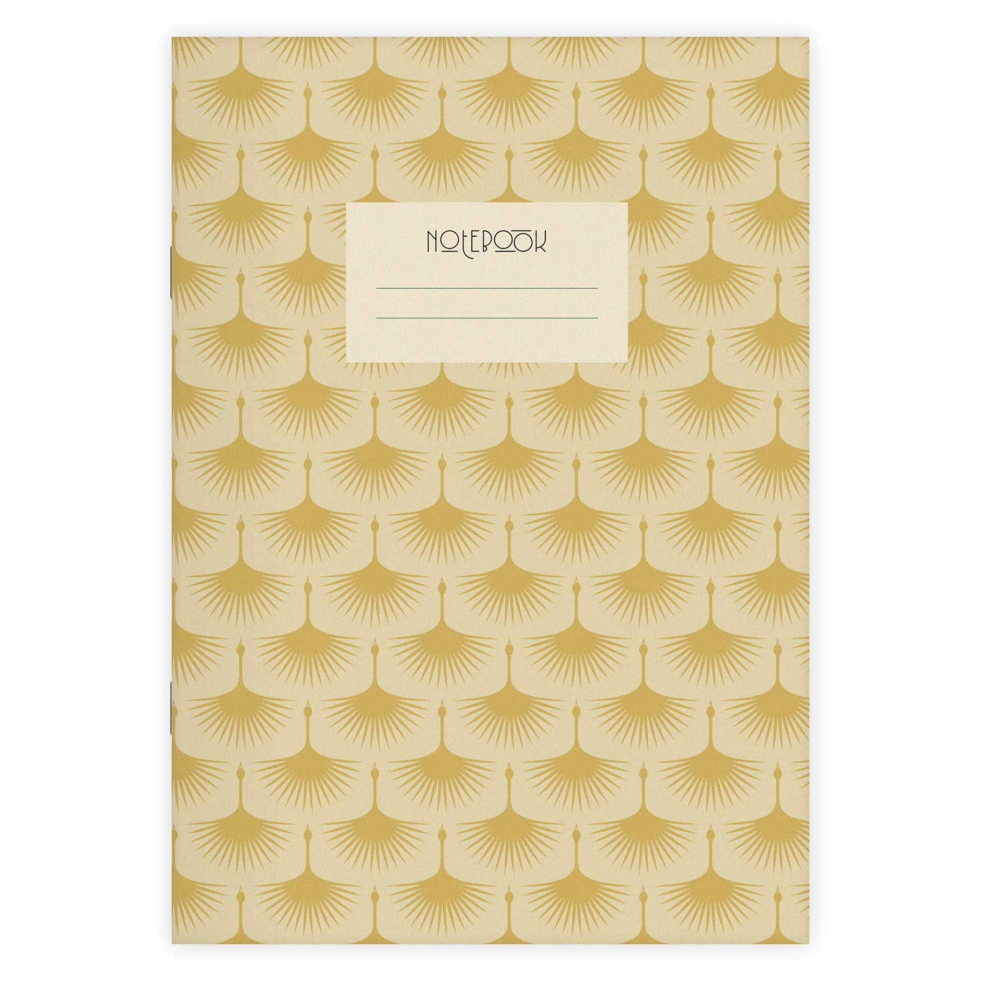 Das etmamu - Notizheft Art Deco 3 A5 ist ein handgefertigtes Notizheft in Beige mit goldenem Art Deco Fächer-Muster. Das Cover trägt das Label "Notebook" und bietet zwei Linien für persönliche Einträge. Marke: etmamu.