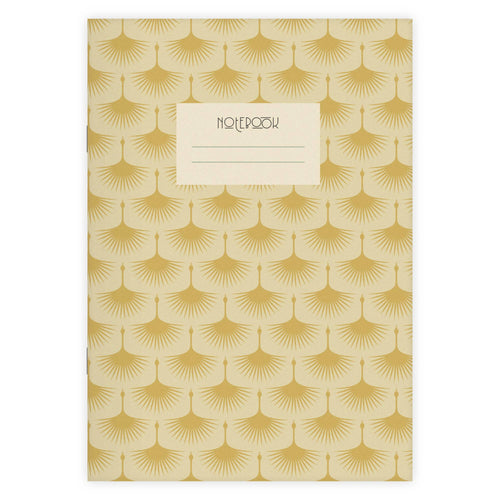 Das etmamu - Notizheft Art Deco 3 A5 ist ein handgefertigtes Notizheft in Beige mit goldenem Art Deco Fächer-Muster. Das Cover trägt das Label 