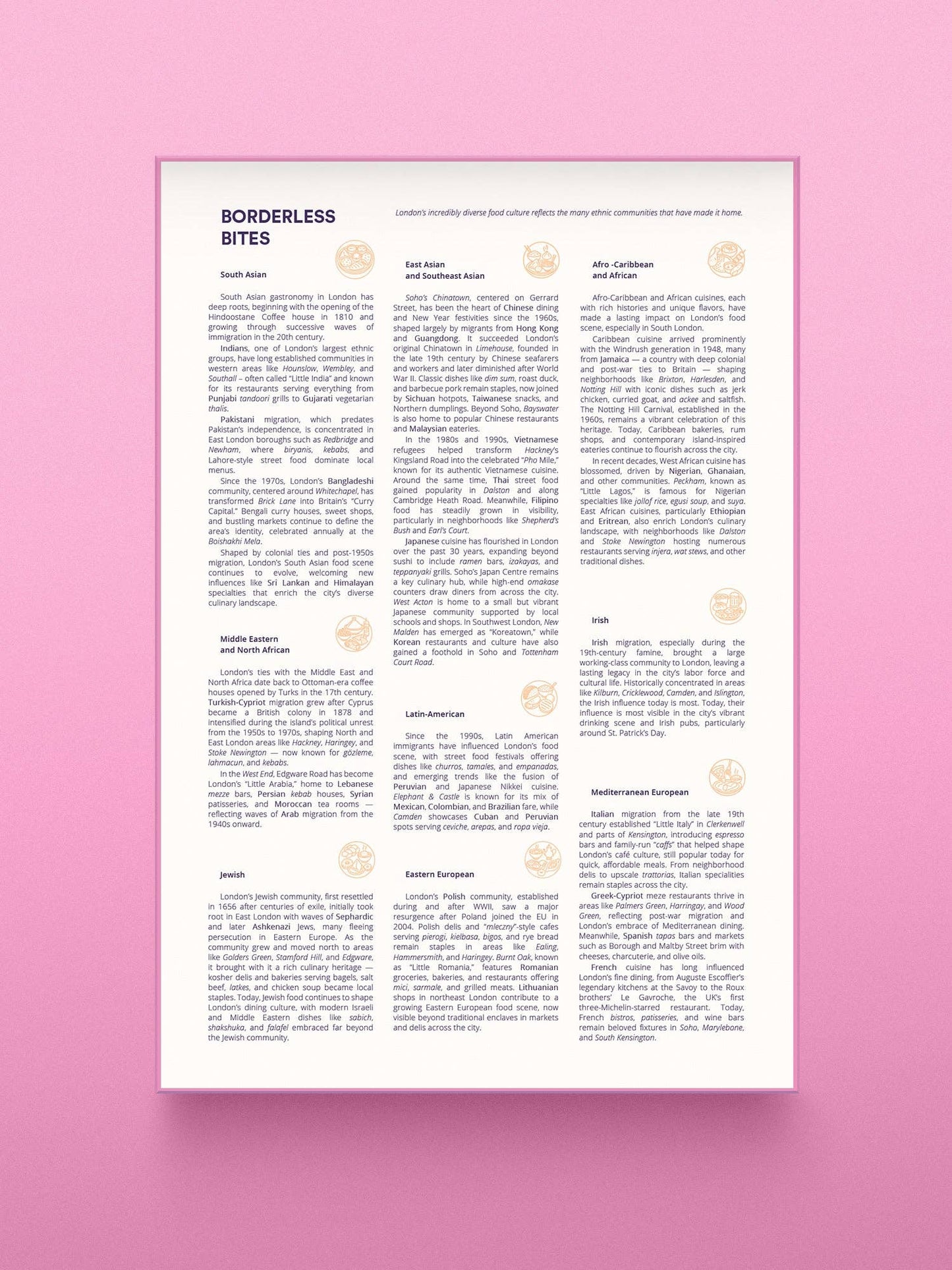 Eine rosa unterlegte Speisekarte mit dem Titel Borderless Bites präsentiert internationale Küche - die ideale Inspiration für Ihr nächstes Water & Wines - Gourmet-Puzzle - London Abenteuer von Water & Wines.