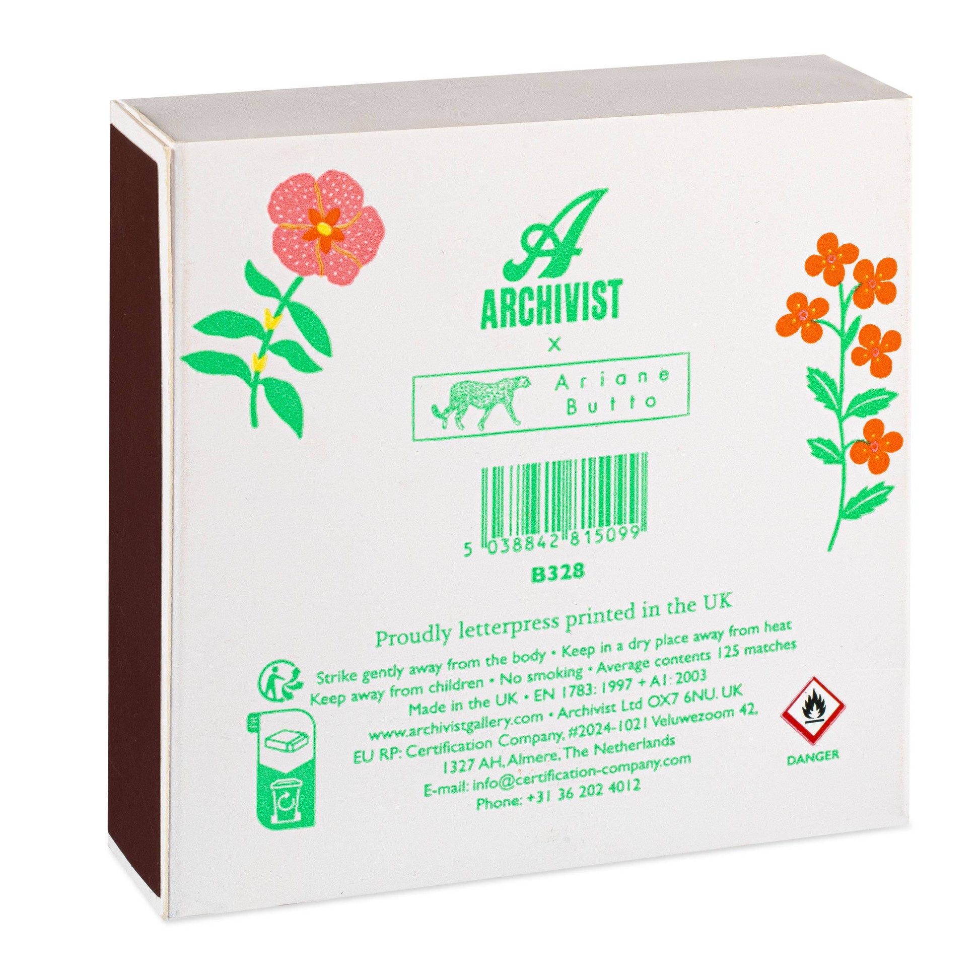 The Archivist Gallery - Zuhause von Ariane Butto Sicherheitsstreichhölzer mit floralen Motiven, grünem und orangefarbenem Text, einem Strichcode, Details und einem roten, brennbaren Symbol - ideal als Geschenk für ein neues Zuhause. Marke: Archivist Gallery.