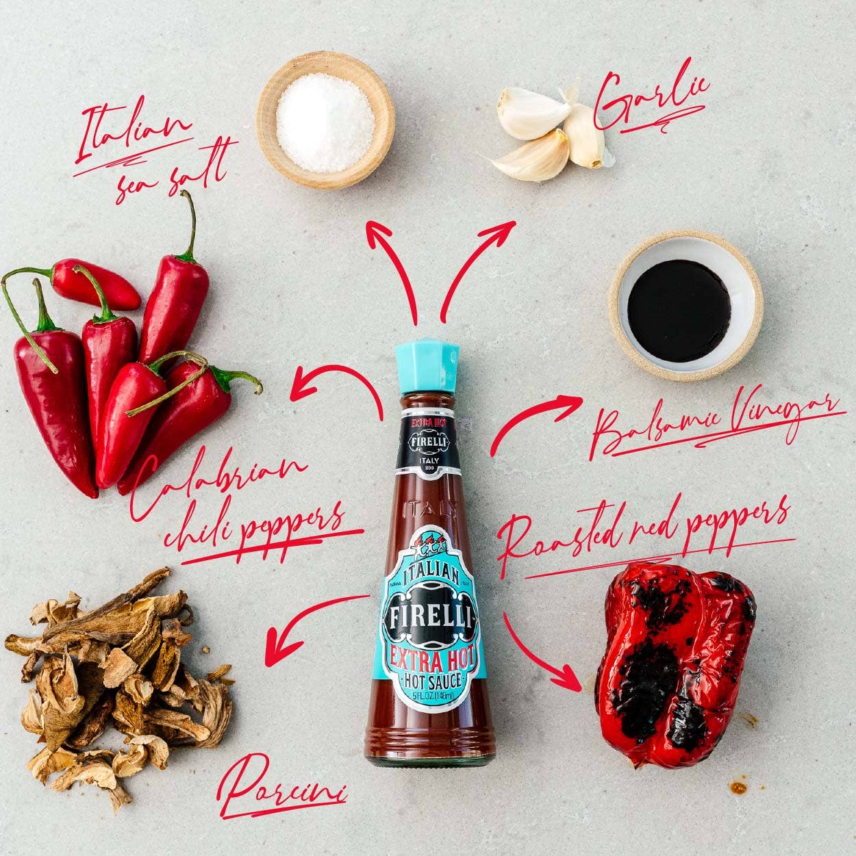 Eine 148-ml-Glasflasche Firelli - Casa Firelli Extra scharfe italienische Sauce ist umgeben von Zutaten wie ital. Meersalz, Knoblauch, Balsamico-Essig, gerösteten Paprika, kalabrischen Chilis und Steinpilzen - alle handbeschriftet.