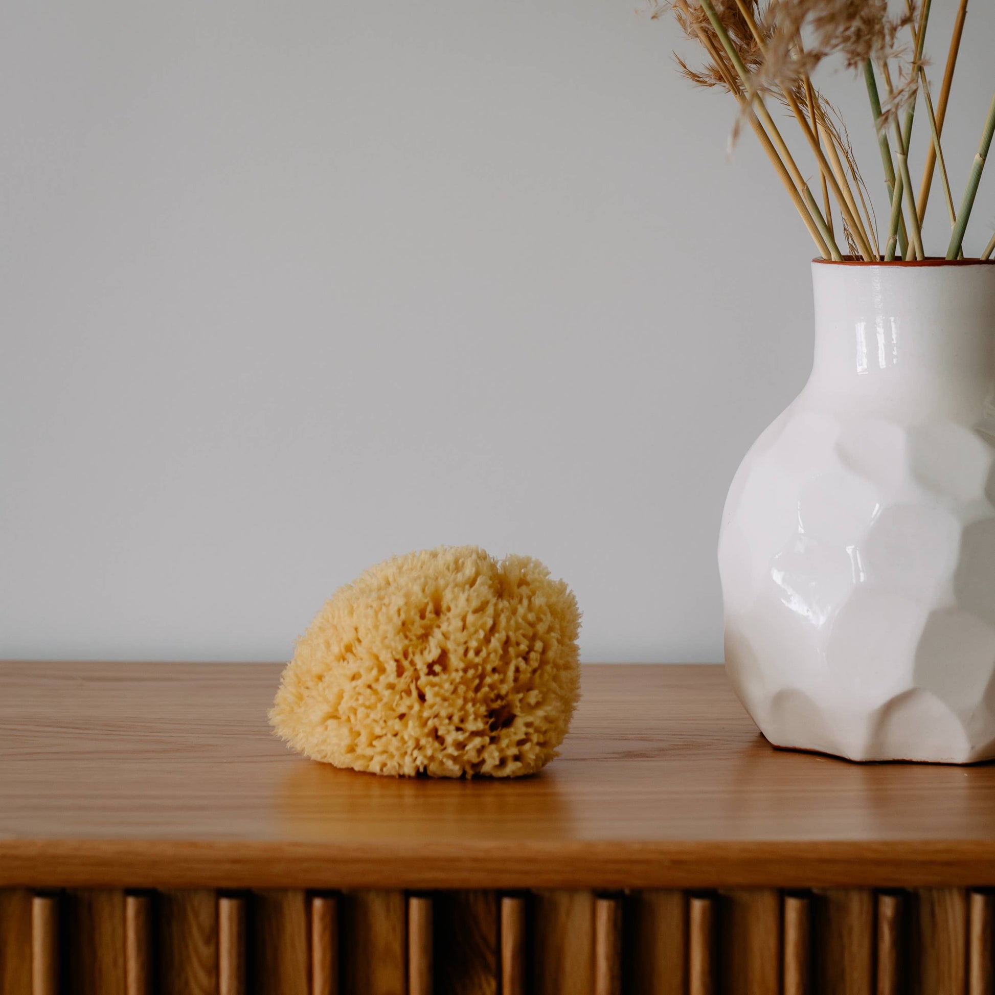 Der Croll & Denecke - Nachhaltiger Naturschwamm aus dem Meer Boho Bad Wellness Spa liegt in sanftem Gelb auf Holz neben einer weißen Vase mit Trockenpflanzen vor grauem Hintergrund.