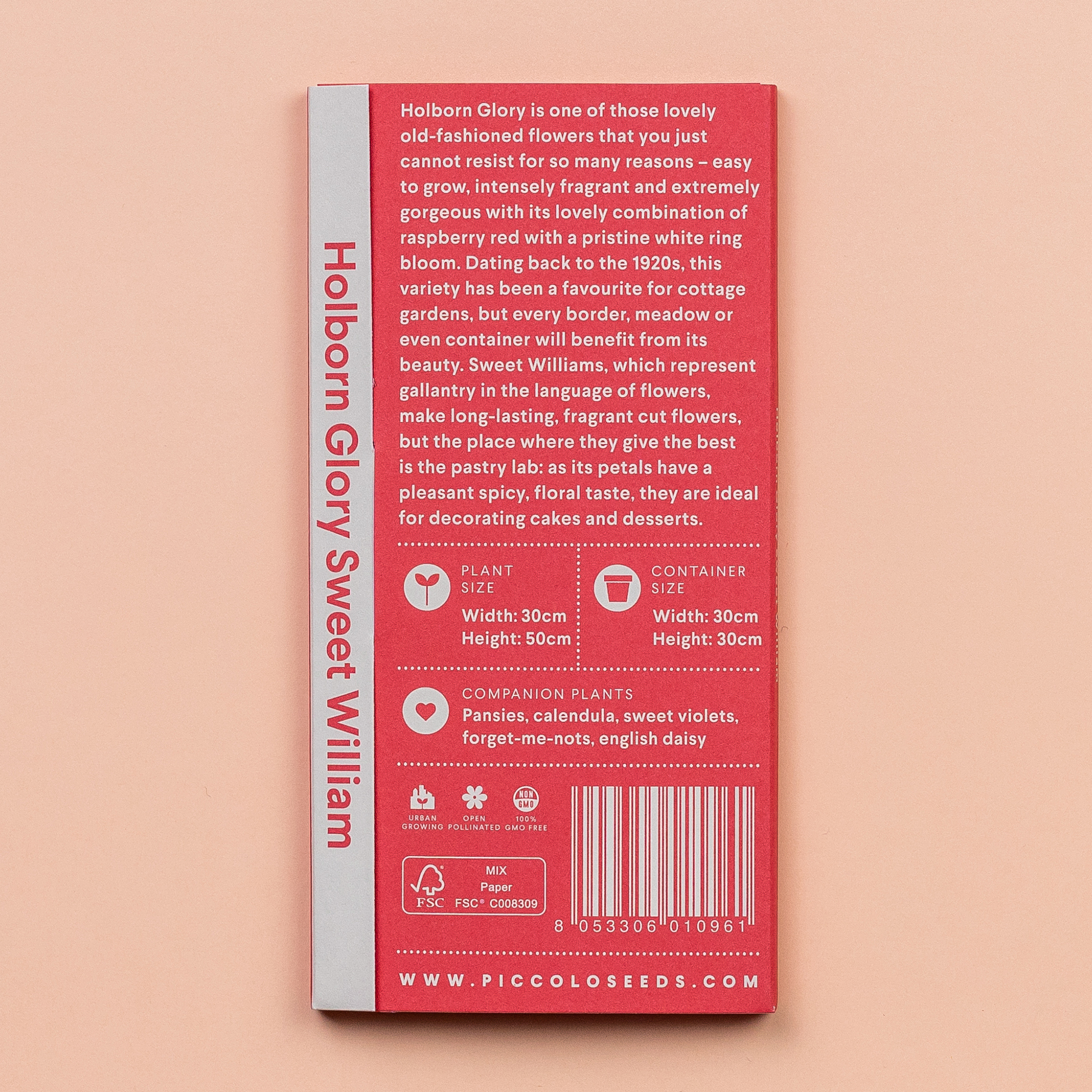 Eine Packung Piccolo Seeds - Der süße William Holborn Glory von Piccolo Seeds auf einem pfirsichfarbenen Hintergrund, mit Pflanzendetails, Behältergröße, Begleitern und poetischen Informationen über diese duftenden Schnittblumen und essbaren Blütenblätter auf der Rückseite.