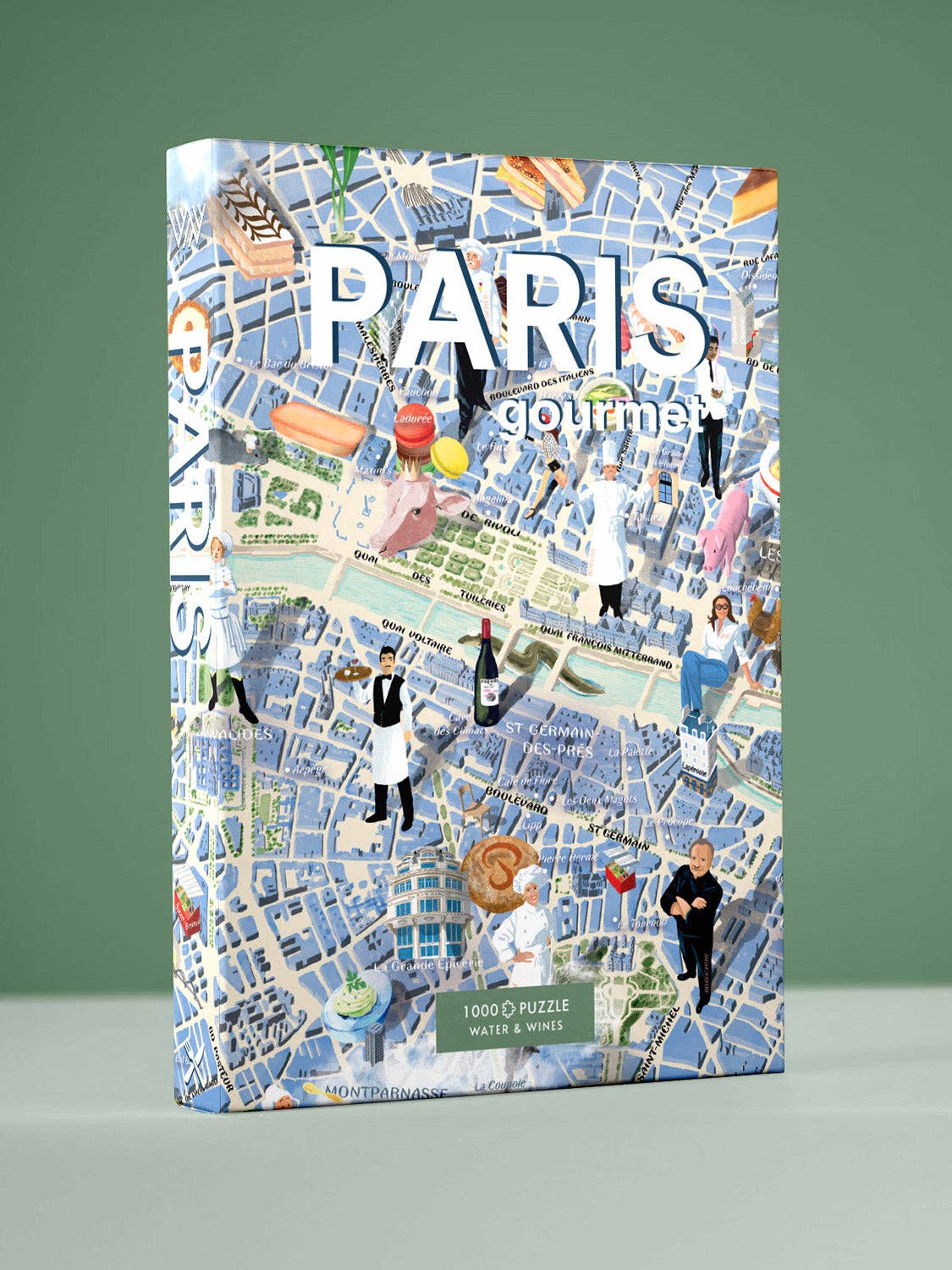 Das Water & Wines - Gourmet-Puzzle - Paris ist ein 1000-teiliges Puzzle mit einer Karte von Paris, charmanten Köchen, Leckereien der Pariser Küche und Weingläsern auf Grün - das ideale Geschenk für Feinschmecker und Puzzle-Liebhaber von Water & Wines.
