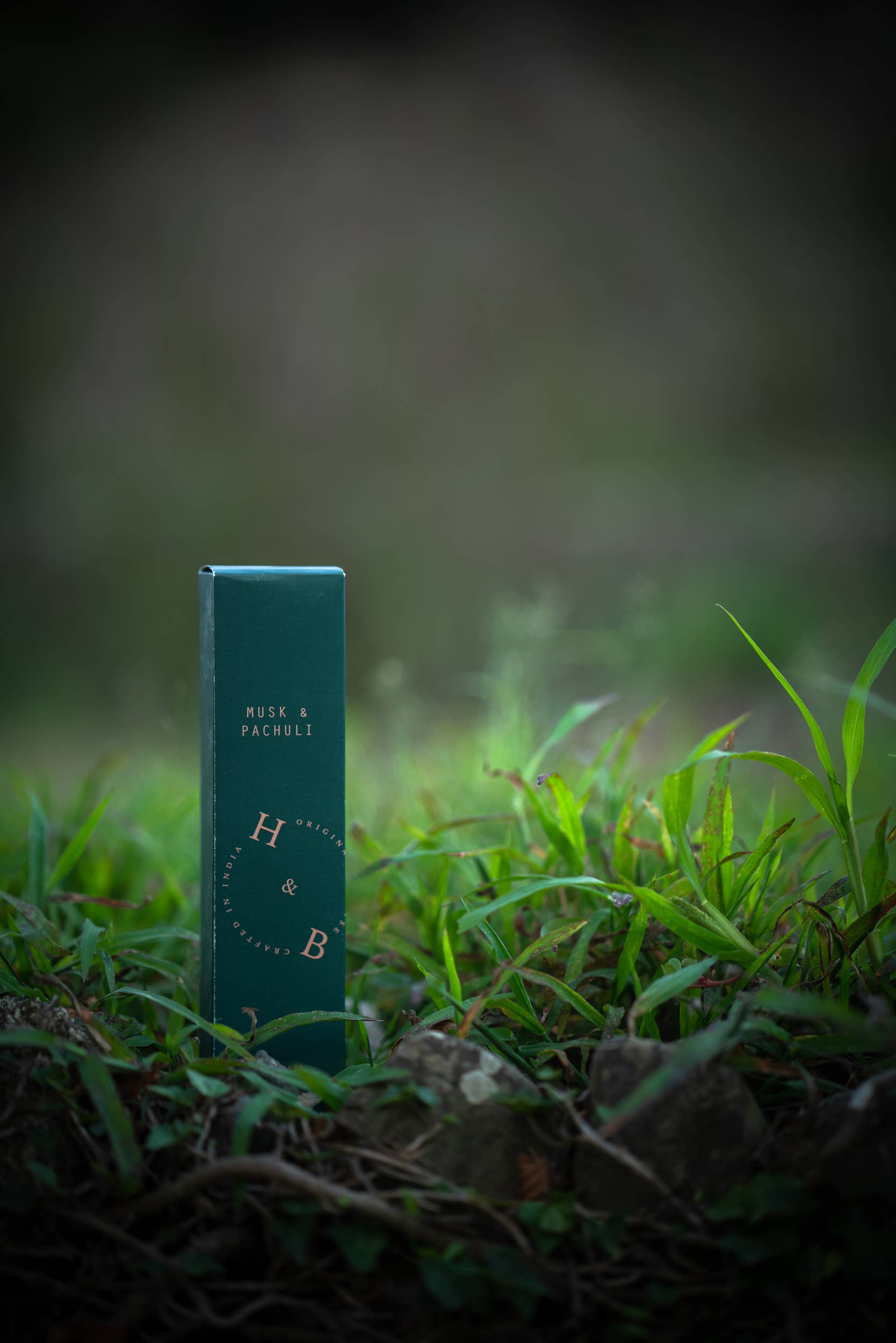 Eine grüne, rechteckige Schachtel mit der Aufschrift "H&B Incense - Natürlicher Moschus- und Patchouli-Weihrauch" steht aufrecht zwischen Gras und Steinen, mit einem erdigen Hintergrund, der die reichhaltigen Düfte des natürlichen Moschus- und Patchouli-Weihrauchs von H&B Incense hervorruft.