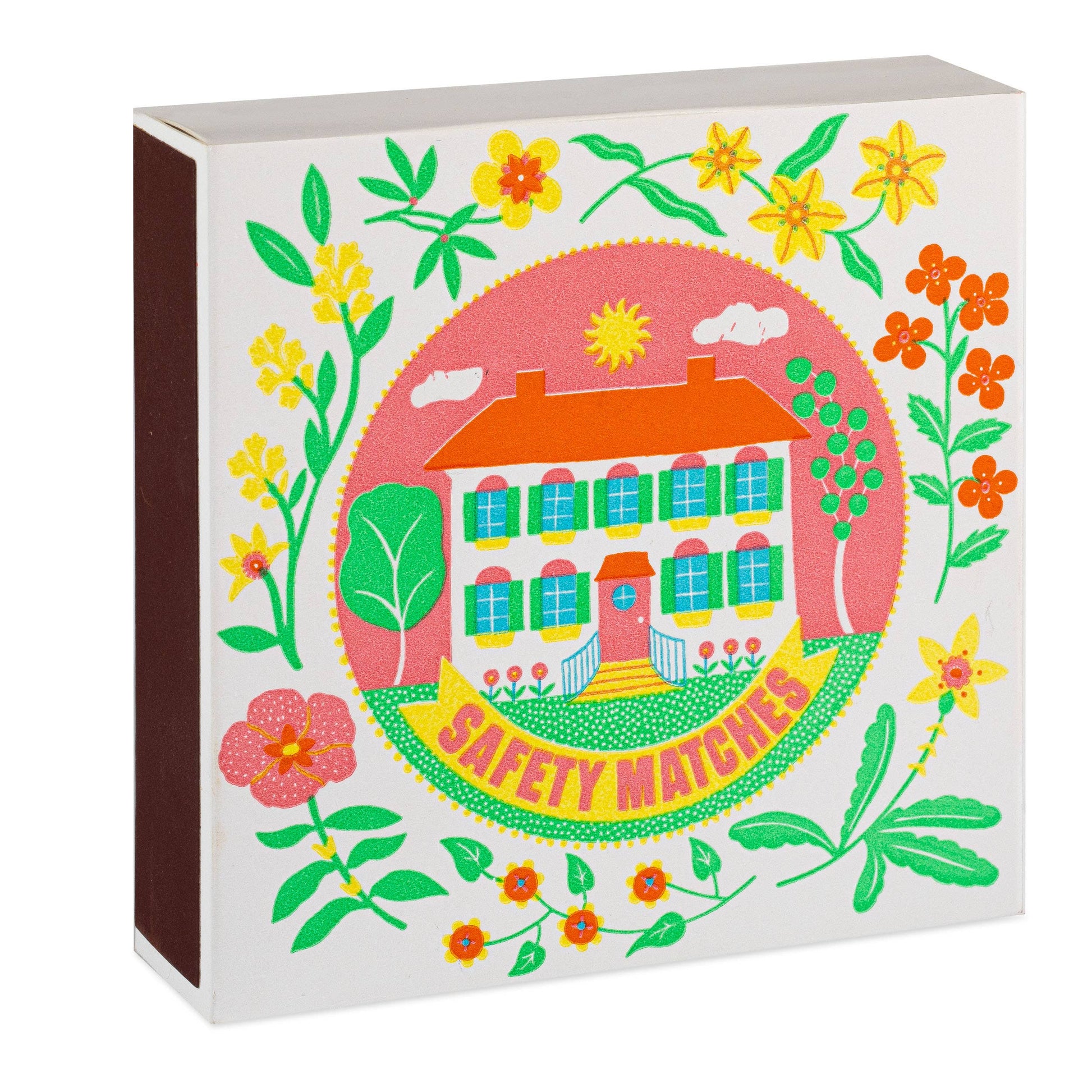 The Archivist Gallery - Zuhause von Ariane Butto | Quadrat Sicherheitsstreichhölzer bietet ein lebendiges Hausdesign mit Blumen, Blättern und Sonne - perfekt als Geschenk für ein neues Zuhause. Inklusive einer seitlichen Schlagfläche; erhellt jedes Zuhause.