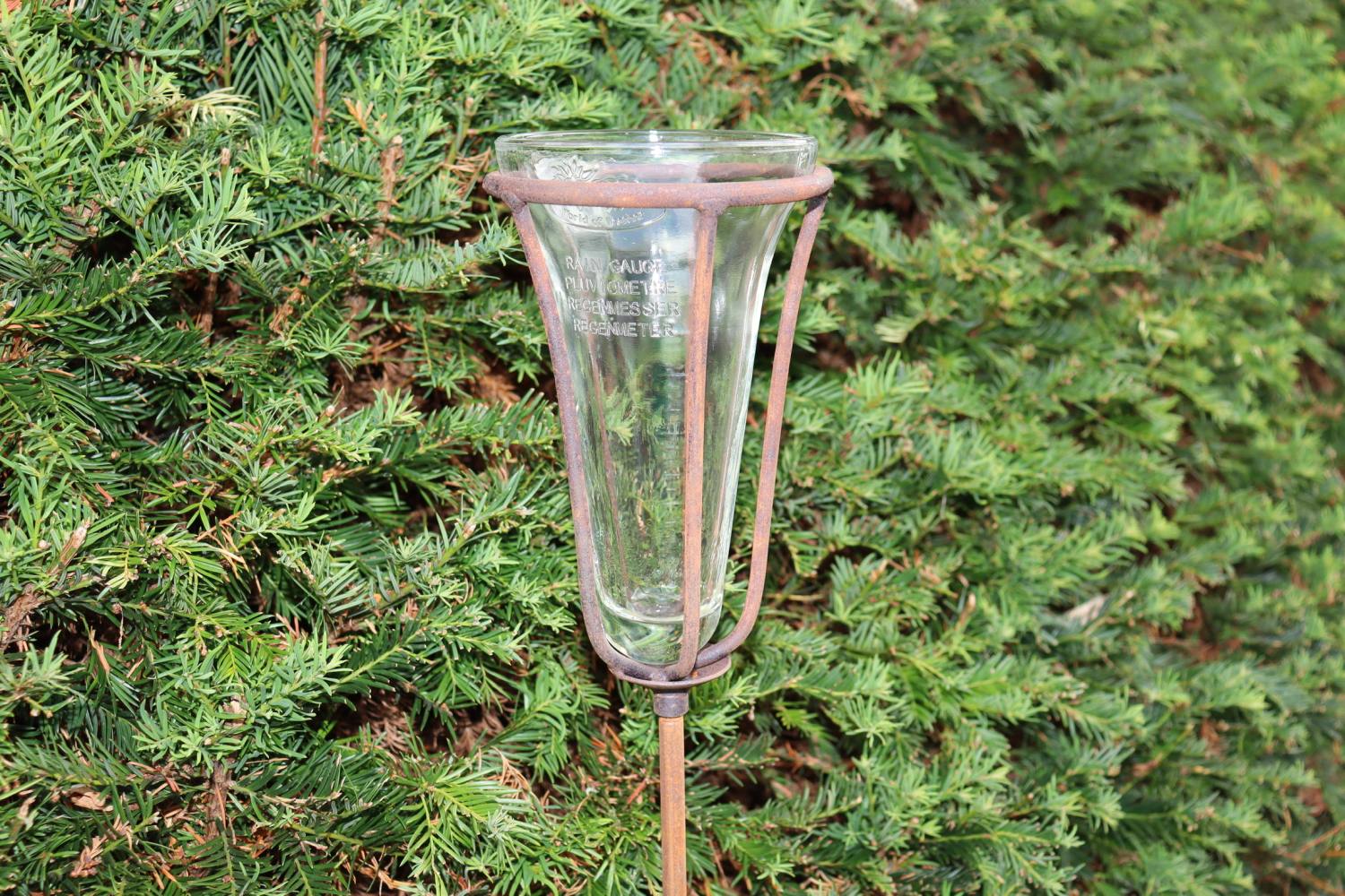 Das Hase und Hirsch Regenmesser auf Stab aus stabilem Metall in Rost misst Regen im Garten präzise, während er robust inmitten grüner Büsche steht.