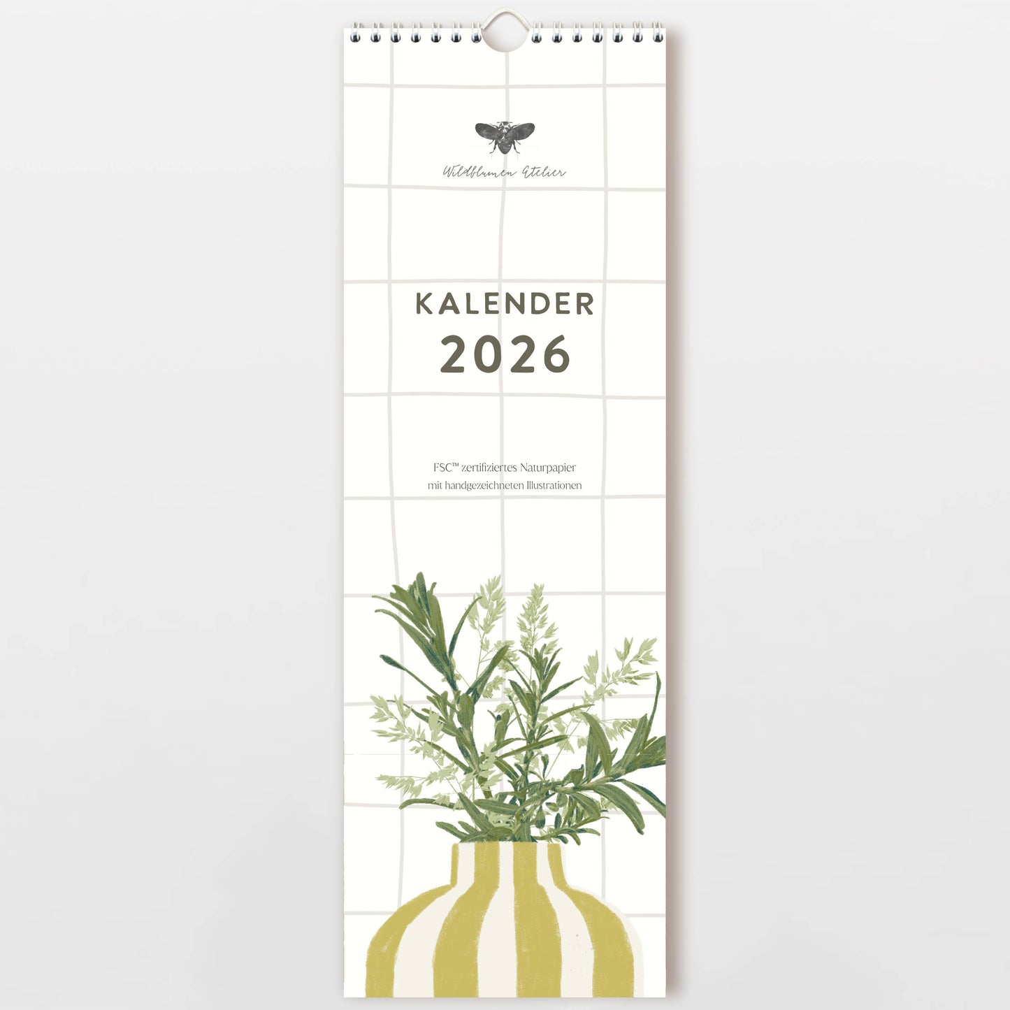Der Wildblumen Atelier - Wandkalender 2026 begeistert mit handgezeichneten Blumen in einer Vase auf FSC-zertifiziertem Naturpapier, grünen Blättern, elegantem Rasterhintergrund und Spiralbindung - ein stilvoller Blickfang für jedes Zuhause.