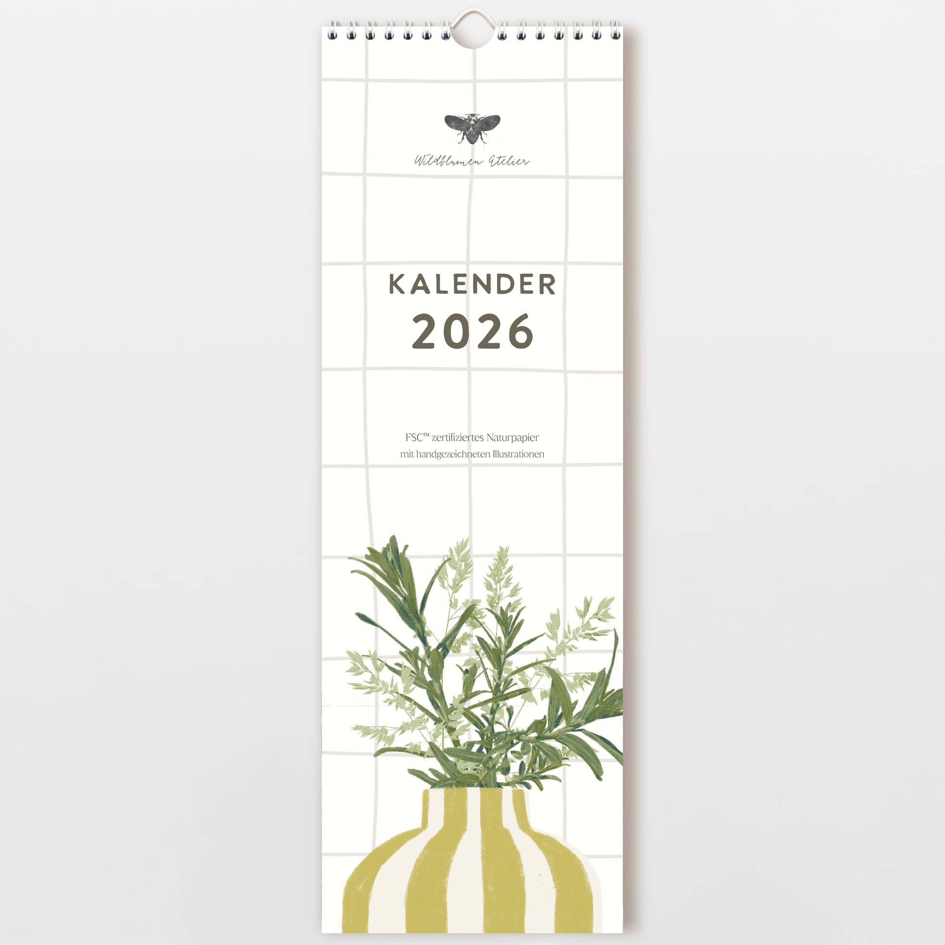 Der Wildblumen Atelier - Wandkalender 2026 begeistert mit handgezeichneten Blumen in einer Vase auf FSC-zertifiziertem Naturpapier, grünen Blättern, elegantem Rasterhintergrund und Spiralbindung - ein stilvoller Blickfang für jedes Zuhause.