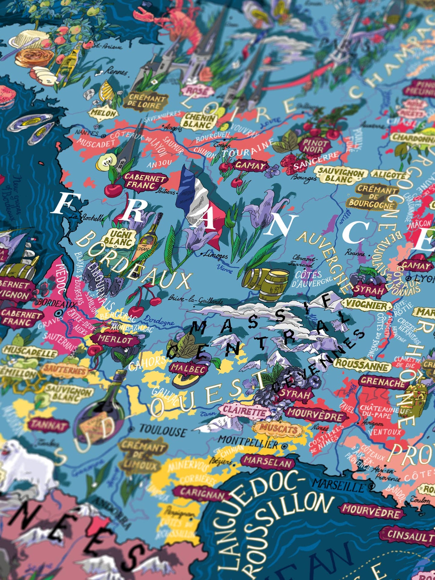 Das Water & Wines - Wein Puzzle - Frankreich von Water & Wines zeigt eine lebendig illustrierte Karte der französischen Weinregionen, auf der Rebsorten mit bunten Etiketten und lebendigen Zeichnungen dargestellt sind - eine schöne Hommage an die französische Weinkultur.