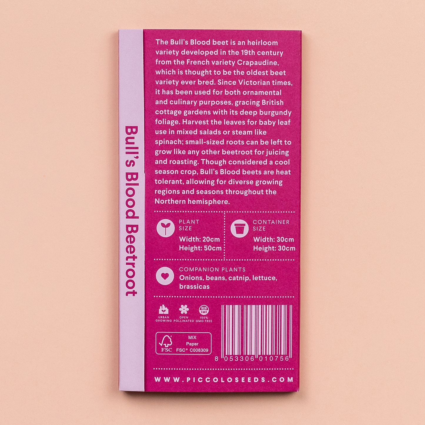 Eine Saatgutpackung für Piccolo Seeds - Rote-Bete-Bullenblut von Piccolo Seeds, mit einem rosa und lila Design, detaillierten Pflanzanweisungen, Informationen über Pflanzen und Containergrößen, Begleitpflanzen und einem Strichcode auf der Rückseite.