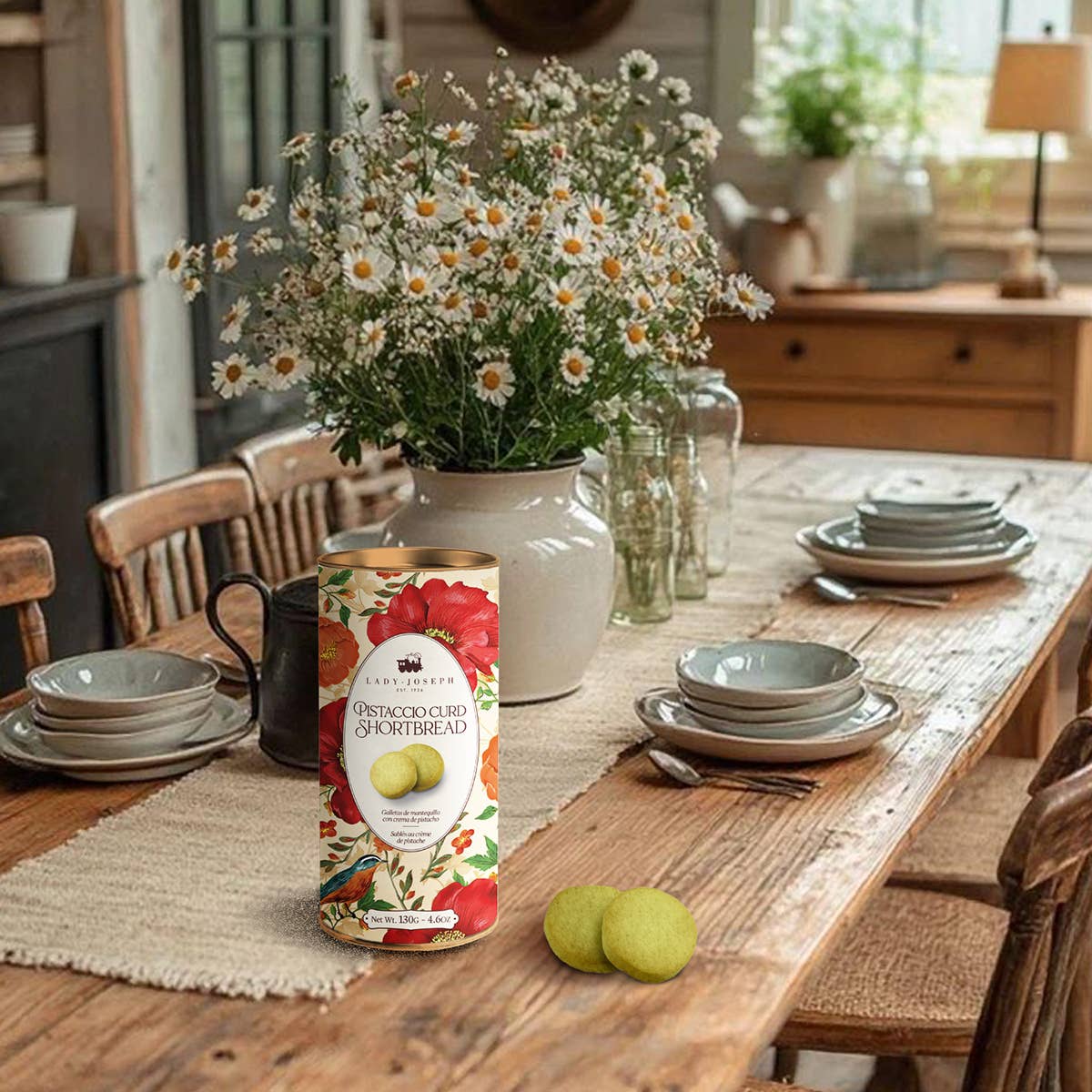 Ein rustikaler Holztisch, gedeckt mit Geschirr und einer Vase mit Gänseblümchen. Im Vordergrund sorgen eine Dose Lady Joseph - Butterkekse mit Pistaziencreme und zwei Kekse für eine gemütliche, ländliche Küchenatmosphäre.