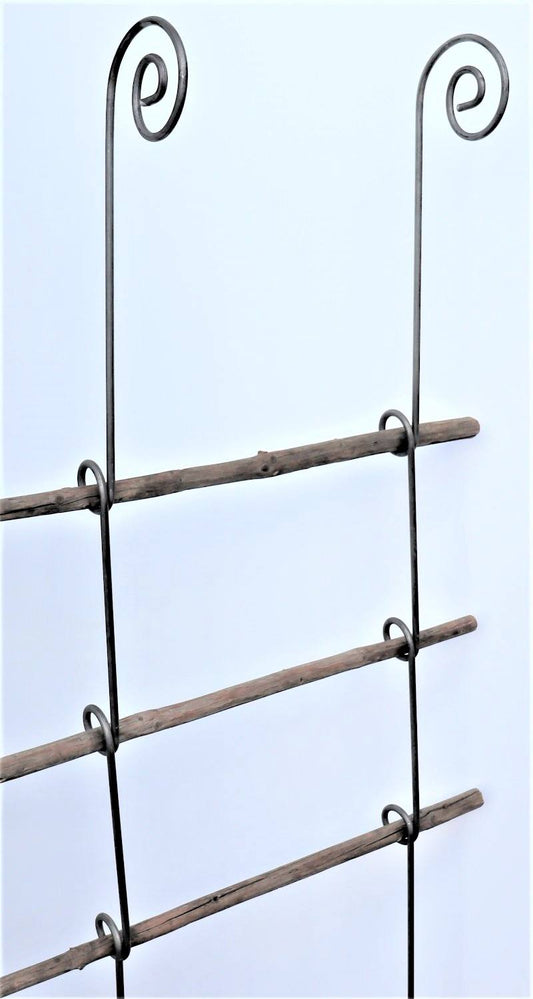 Der Bischofstab mit Knoten mit Holz im SET 5-tlg. von Hase und Hirsch verfügt über vertikale Knotenstangen (170 cm) mit gekräuselten Enden und horizontale Holzsprossen (150 cm), perfekt als stilvolle Rankhilfe vor einem schlichten Hintergrund.