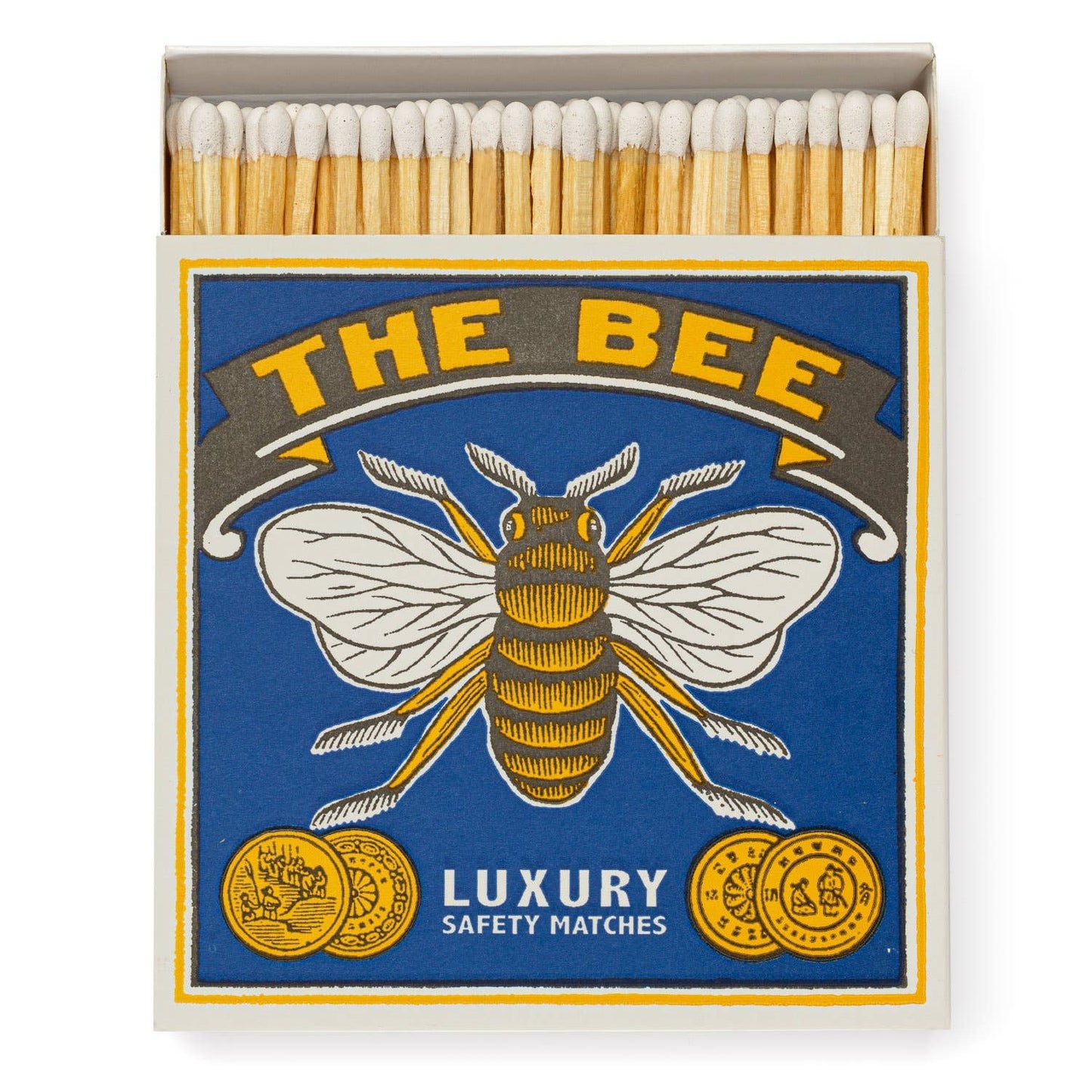 Eine Quadrat-Streichholzschachtel von Archivist Gallery: THE BEE zeigt eine Biene, zwei Goldmünzen und "Luxury Safety Matches" auf blau-gelbem Design. Der Klassiker wird geöffnet präsentiert, sodass die Streichhölzer sichtbar sind.
