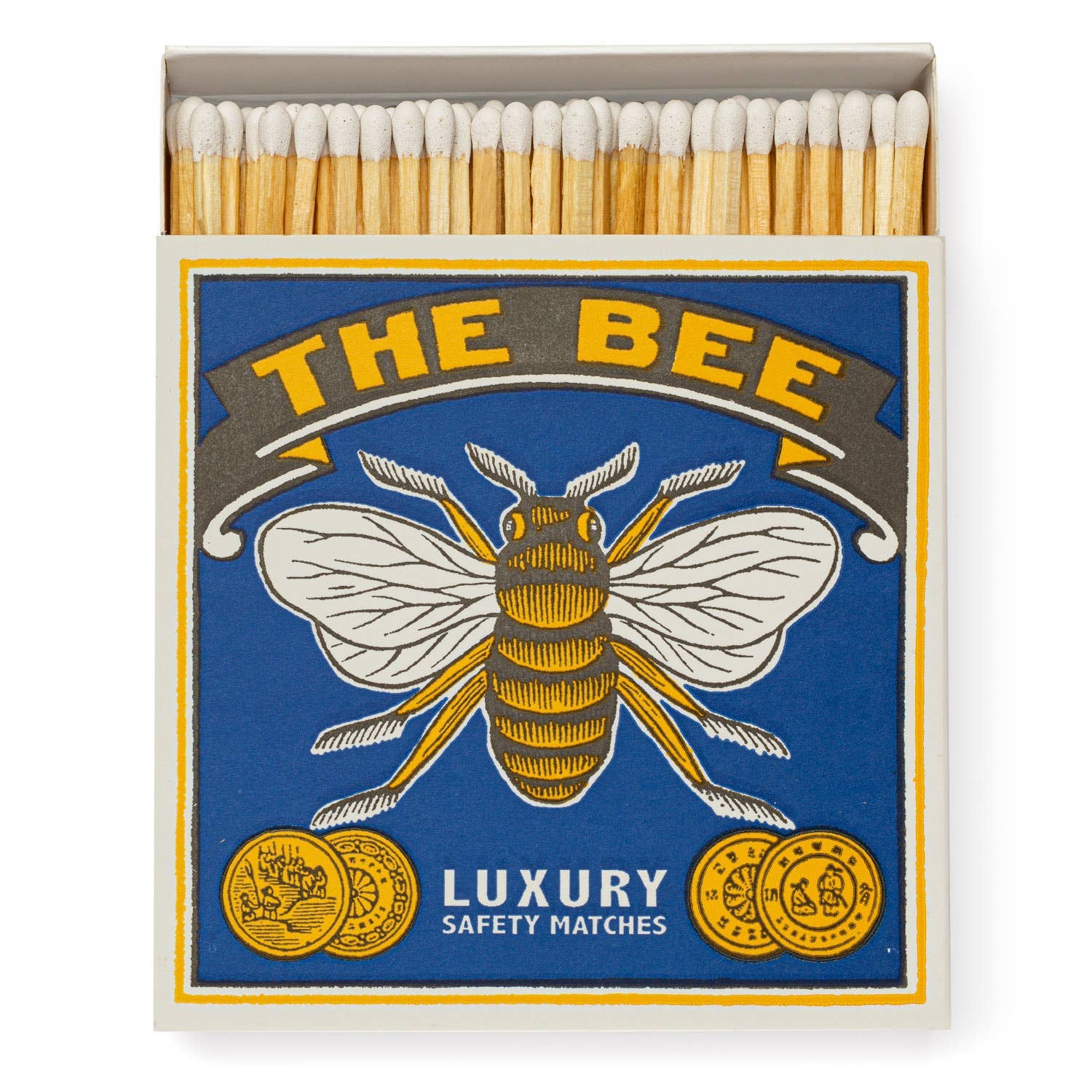 Eine Quadrat-Streichholzschachtel von Archivist Gallery: THE BEE zeigt eine Biene, zwei Goldmünzen und "Luxury Safety Matches" auf blau-gelbem Design. Der Klassiker wird geöffnet präsentiert, sodass die Streichhölzer sichtbar sind.