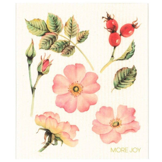 More Joy - Schwammtuch Roses: Rosa Wildrosen, Knospen, grüne Blätter und rote Hagebutten im Aquarellstil auf cremefarbenem Hintergrund mit dem Text „MORE JOY“. Hergestellt aus umweltfreundlichen Materialien von More Joy.