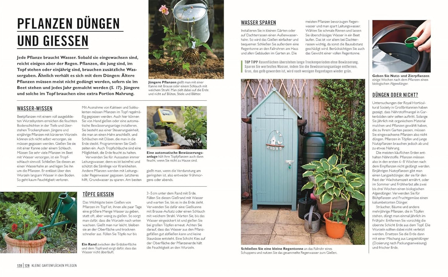 Eine Magazinseite des DK Verlags "Kleine Gärten optimal gestaltet" zum Thema Gießen und Düngen zeigt Texte, Fotos von Gießkannen, Topfpflanzen, einer Regentonne, einem Gartenhaus und Händen, die sich um Pflanzen kümmern.