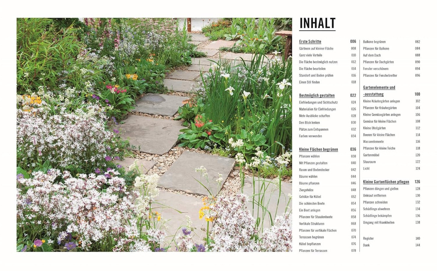 Ein Steinweg schlängelt sich durch üppiges Blühen und Grünen. Rechts zeigt das Buch "Kleine Gärten optimal gestaltet" aus dem DK Verlag ein deutsches INHALT - ideal zum Balkon gestalten oder für die Planung Ihres kleinen Gartens.