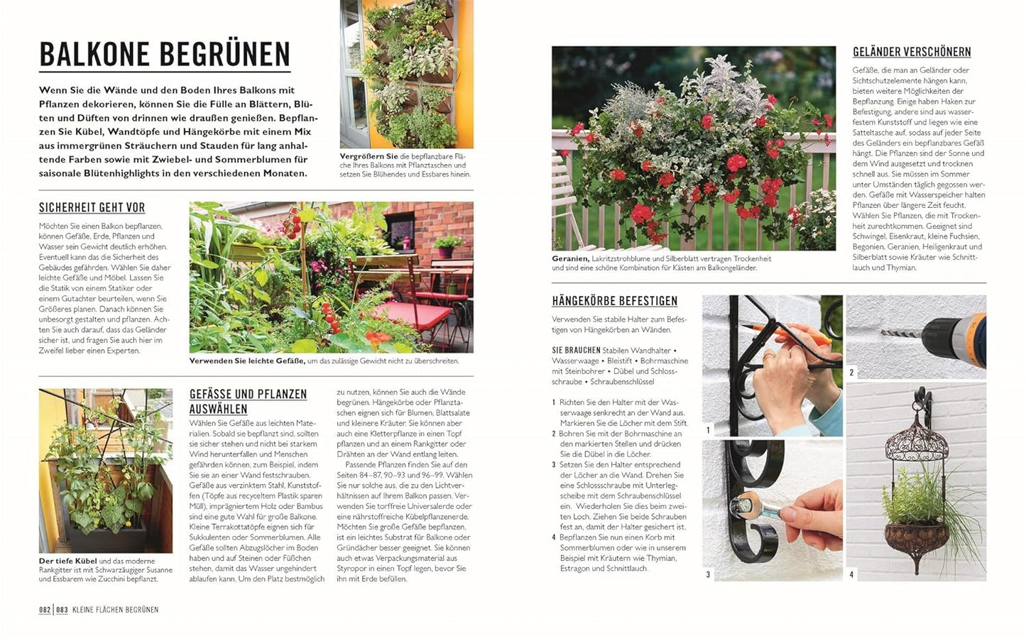 Eine Doppelseite aus "Kleine Gärten optimal gestaltet" des DK Verlags zeigt Tipps und Bilder von Topfpflanzen, Blumenampeln, Wandbohrungen und Nahaufnahmen von Gartengeräten und -dekorationen für den Balkon, mit Text und Bildunterschriften.