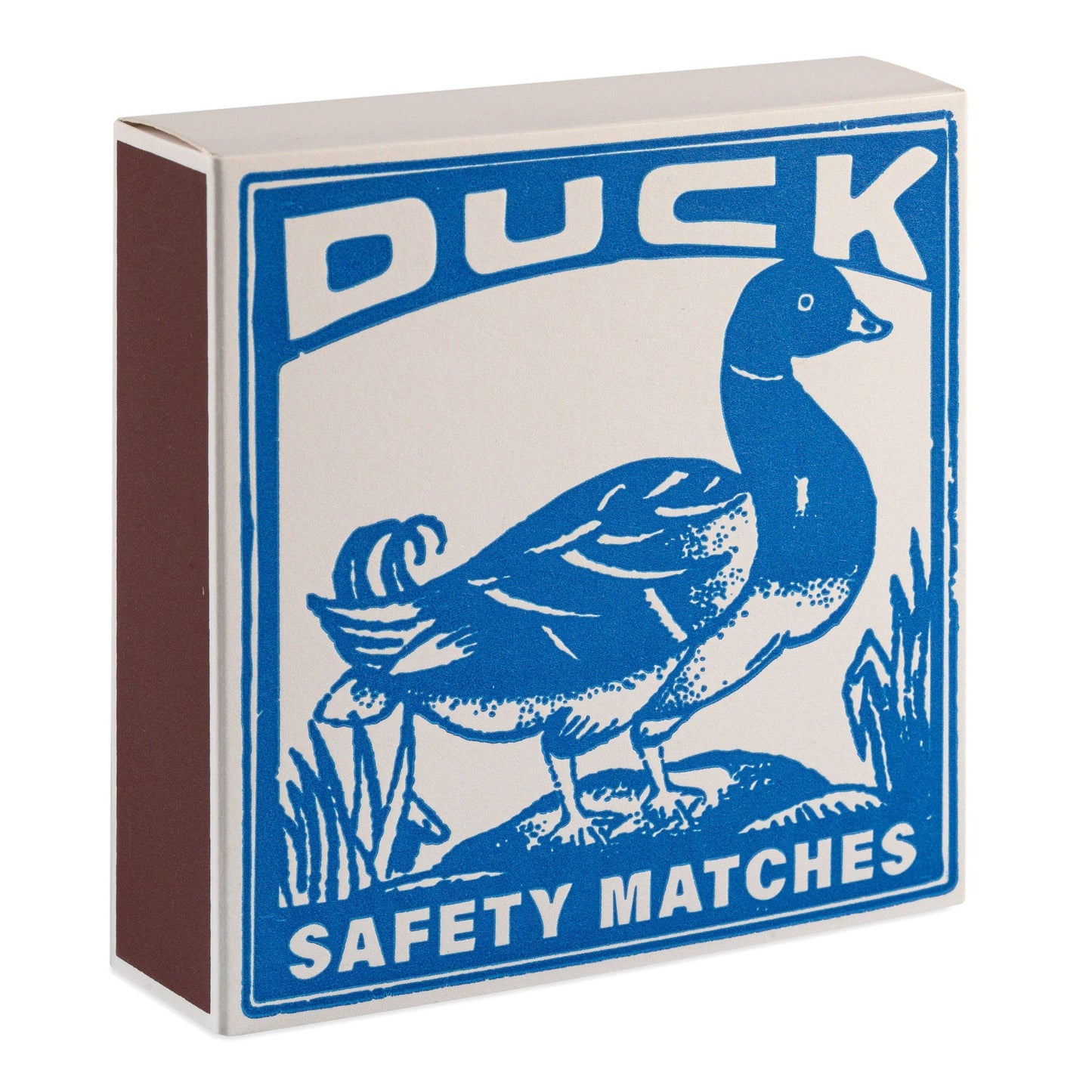 Das Archivist Gallery - Duck | Square - Sicherheitsstreichhölzer von Archivist Gallery zeigt ein blaues Entendesign und "DUCK SAFETY MATCHES" auf der Vorderseite, mit einer auffälligen Oberfläche an der Seite.