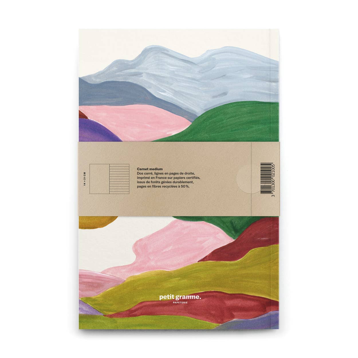 Das Petit Gramme - Mittleres Fjord Notizbuch zeigt ein abstraktes Aquarellmotiv mit bunten Hügeln, besitzt einen genähten Einband sowie FSC-Papier und wird von einer beigen Papierbanderole mit Produktdetails und Barcode umschlossen.